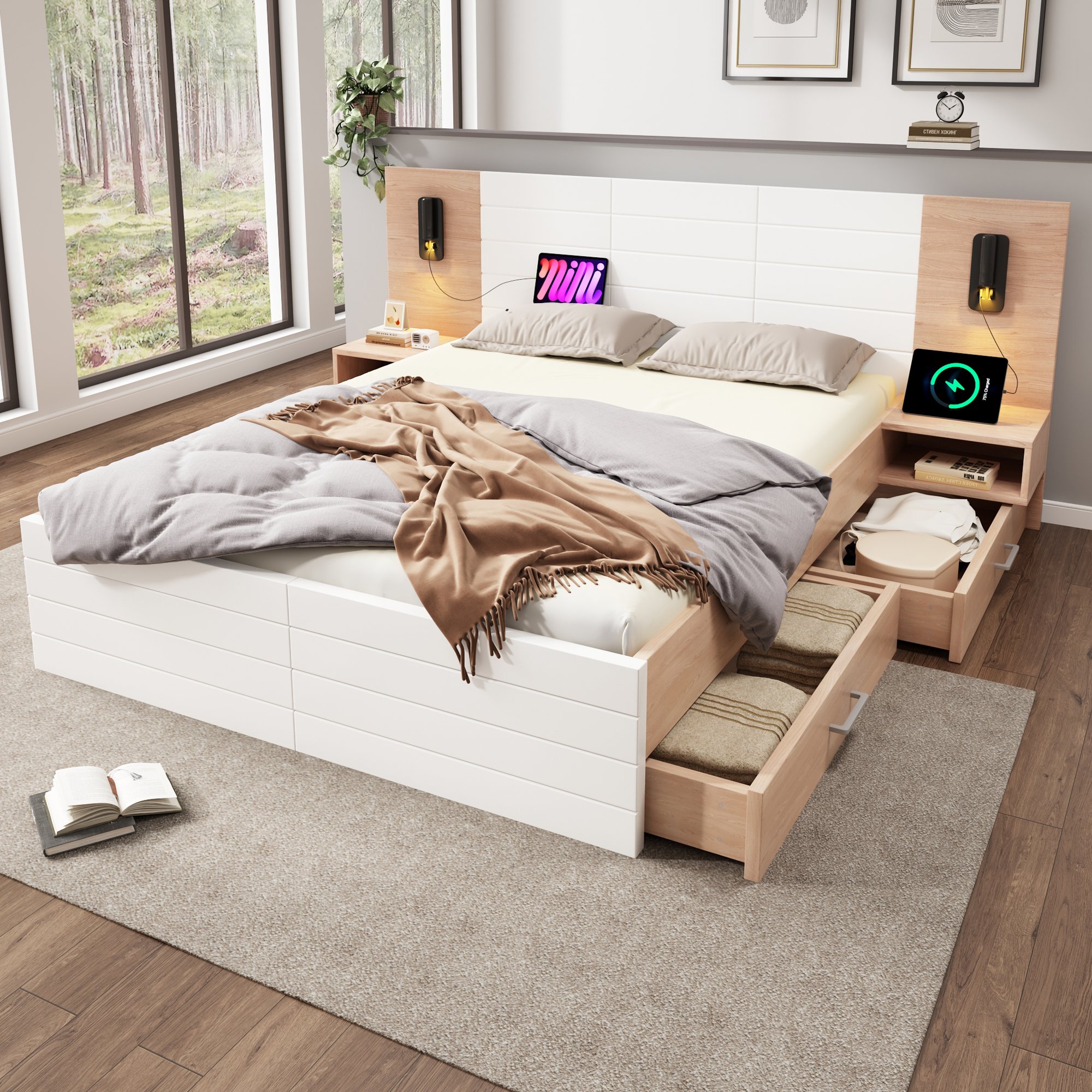Lit coffre contemporain 180x200 avec sommier à lattes, LED rotative, USB, tiroirs et tables de chevet, sans matelas