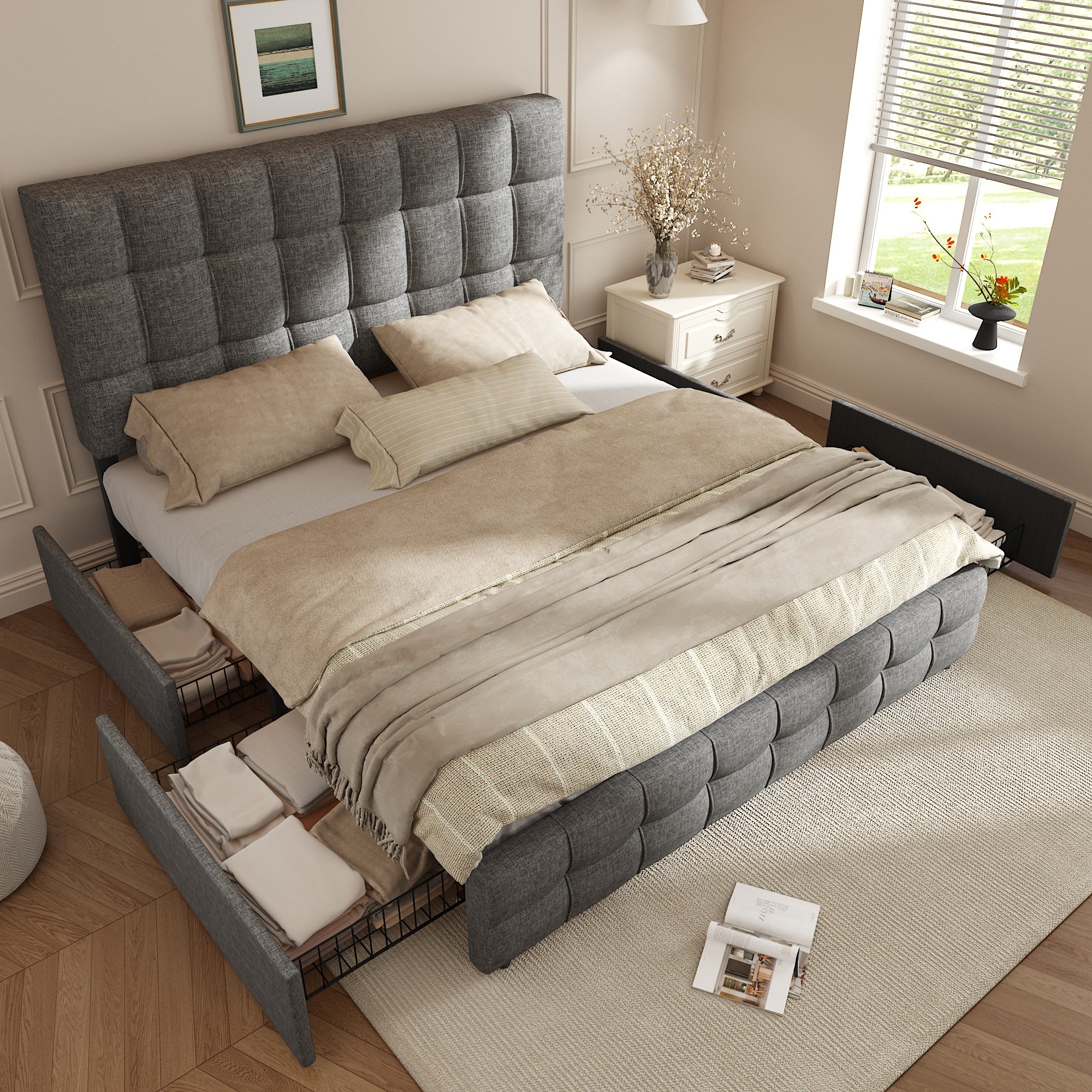 Lit coffre 140x200 gris capitonné avec 4 tiroirs roulants et revêtement doux au toucher pour intérieur élégant