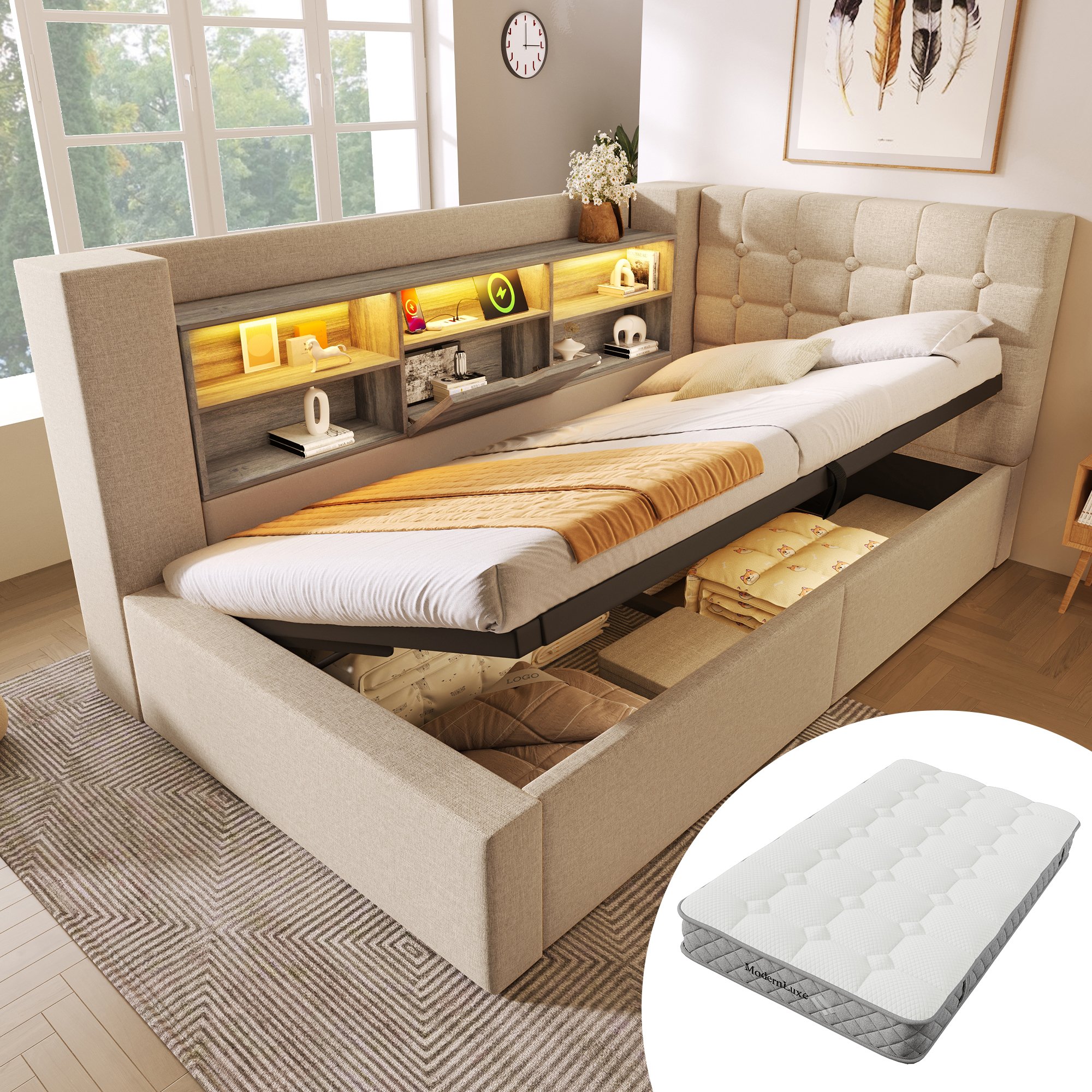 lit coffre 90x200 beige avec matelas, rangement hydraulique, led usb et sommier à lattes