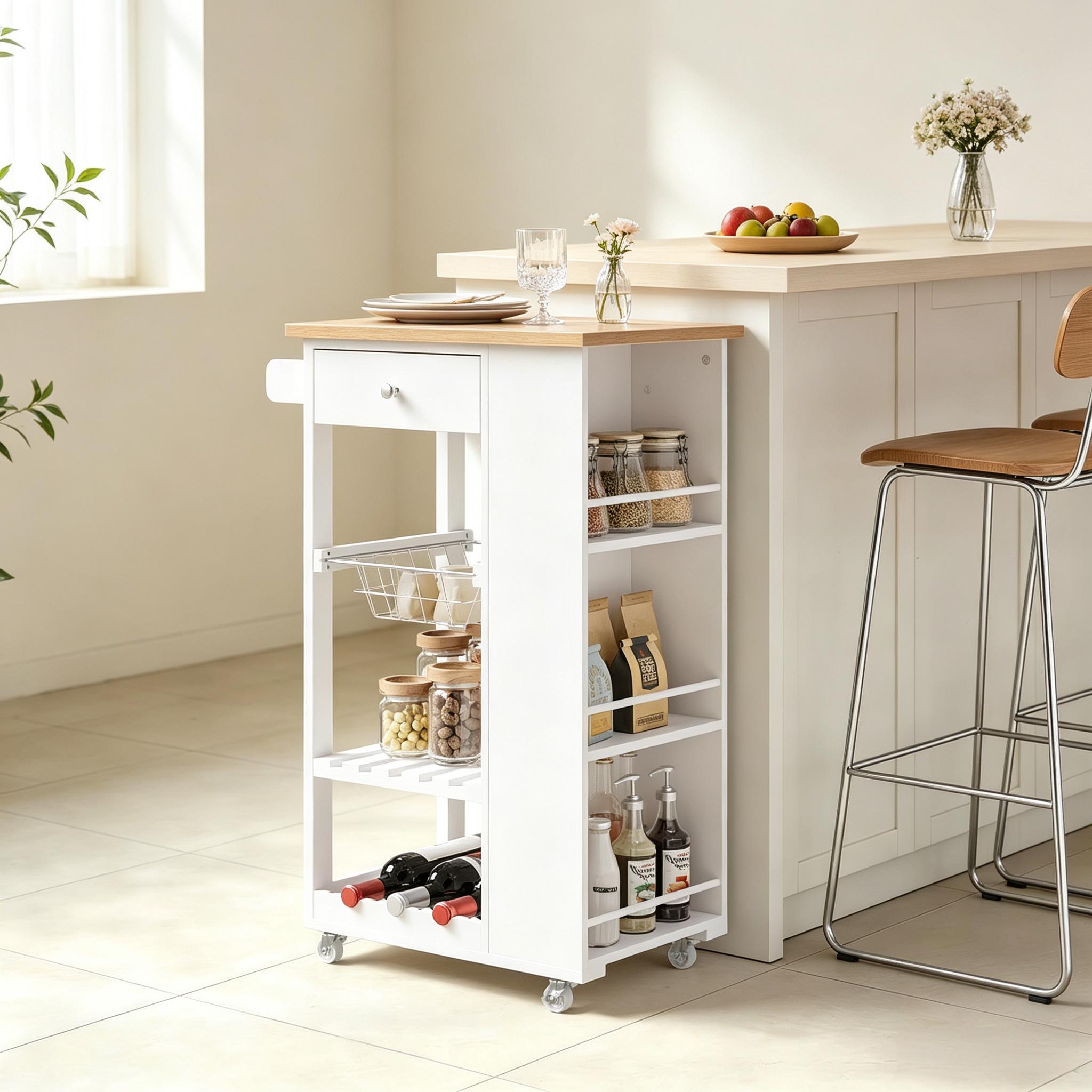 Îlot de cuisine roulant blanc en bambou et Panneau composite de fibres de bois à densité avec rangements, plan de travail, tiroir et étagère, 56,5x37x87 cm