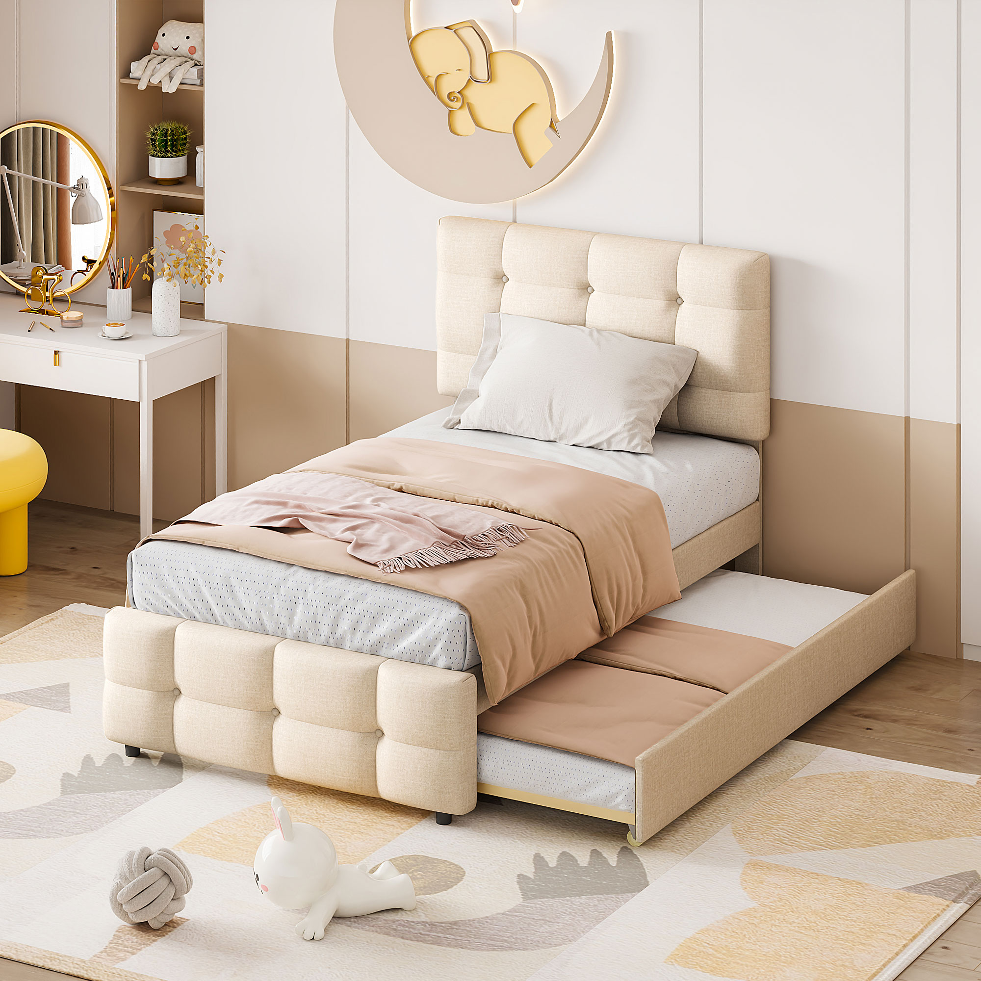 Lit enfant 90x200 cm en lin beige avec tête réglable et lit escamotable, sans matelas