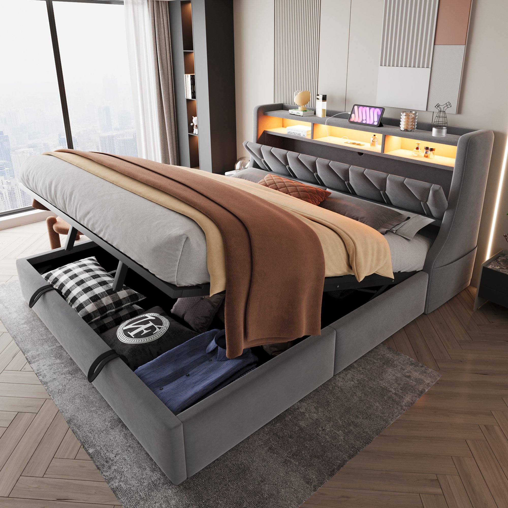 Lit coffre 180x200 en velours gris, structure en contreplaqué et Panneau composite de fibres de bois à densité, avec sommier à lattes et rangement