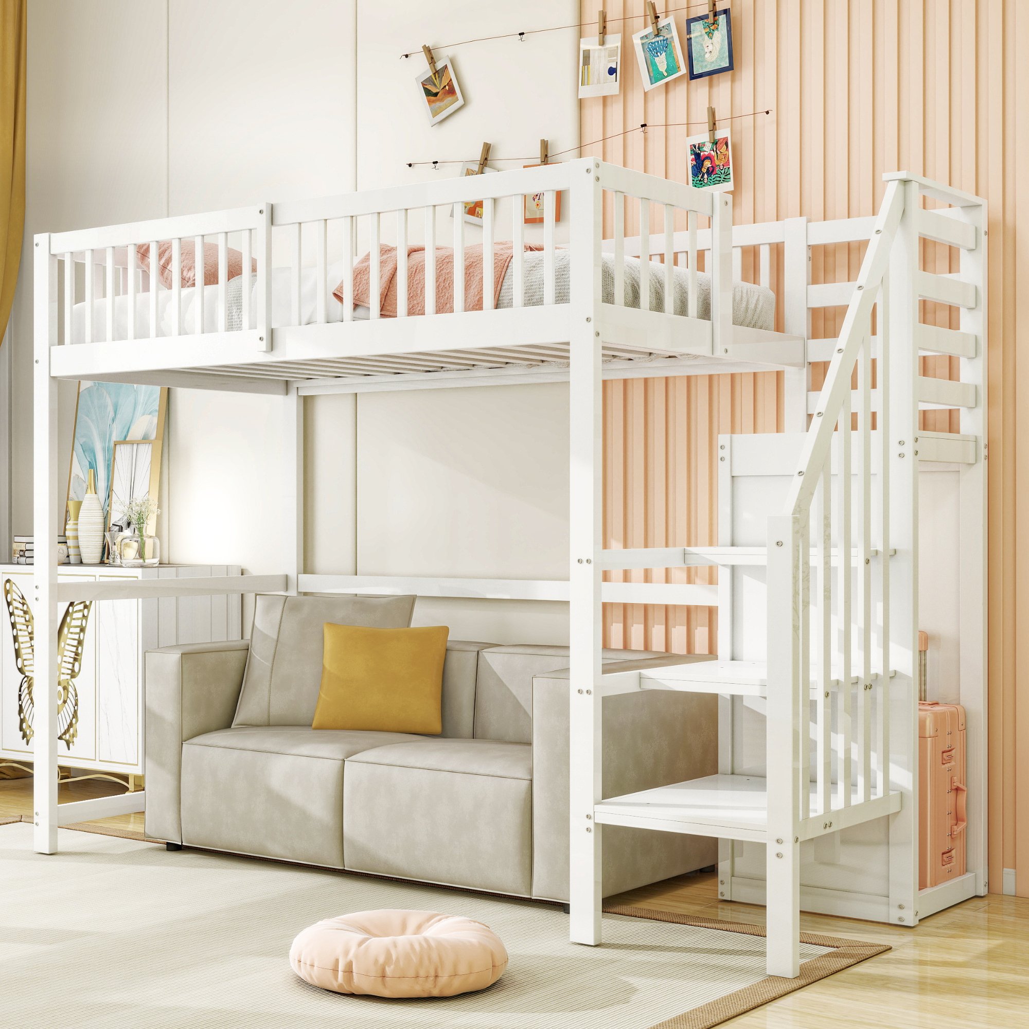 Lit mezzanine 90x200 avec rangement, échelle et penderie, blanc, bois