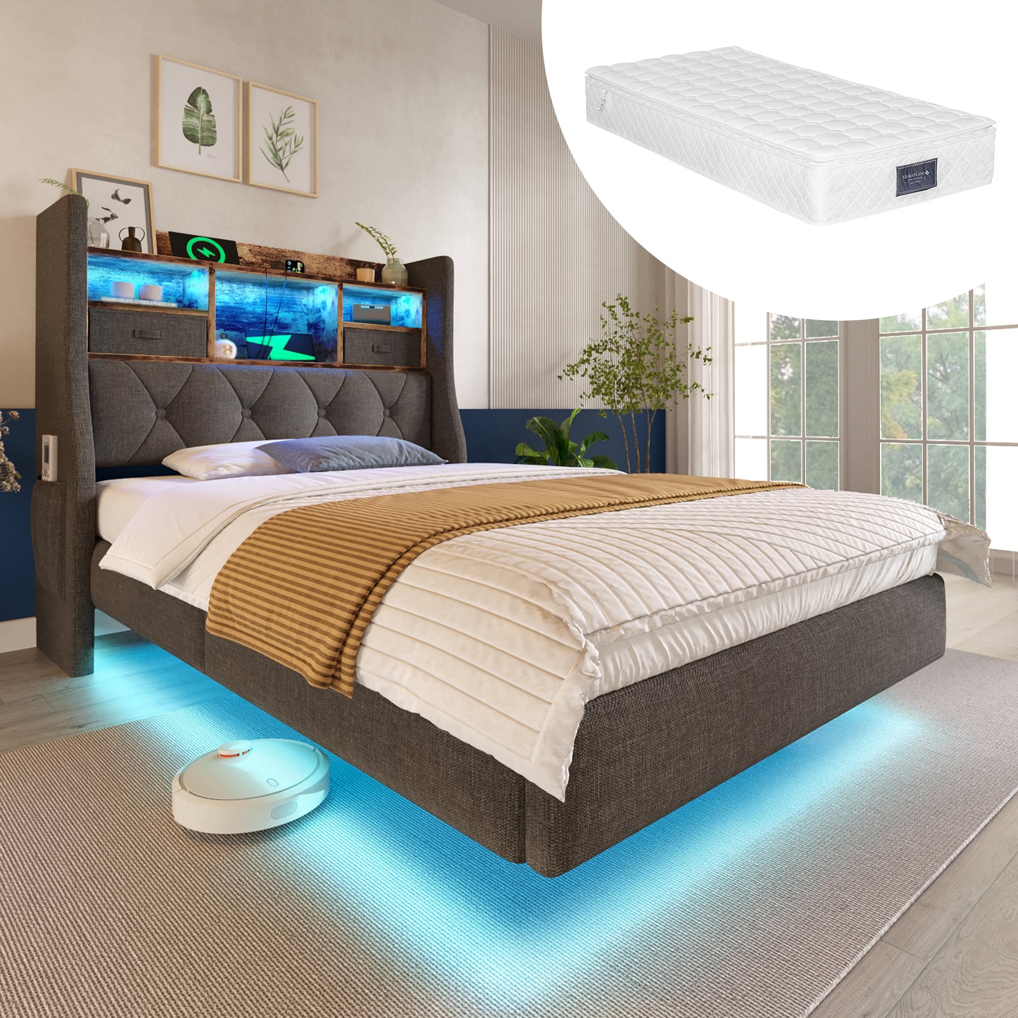 Lit LED 90x200 avec matelas et coffrage : lit coffre gris en lin avec USB, Type-C et sommier à lattes