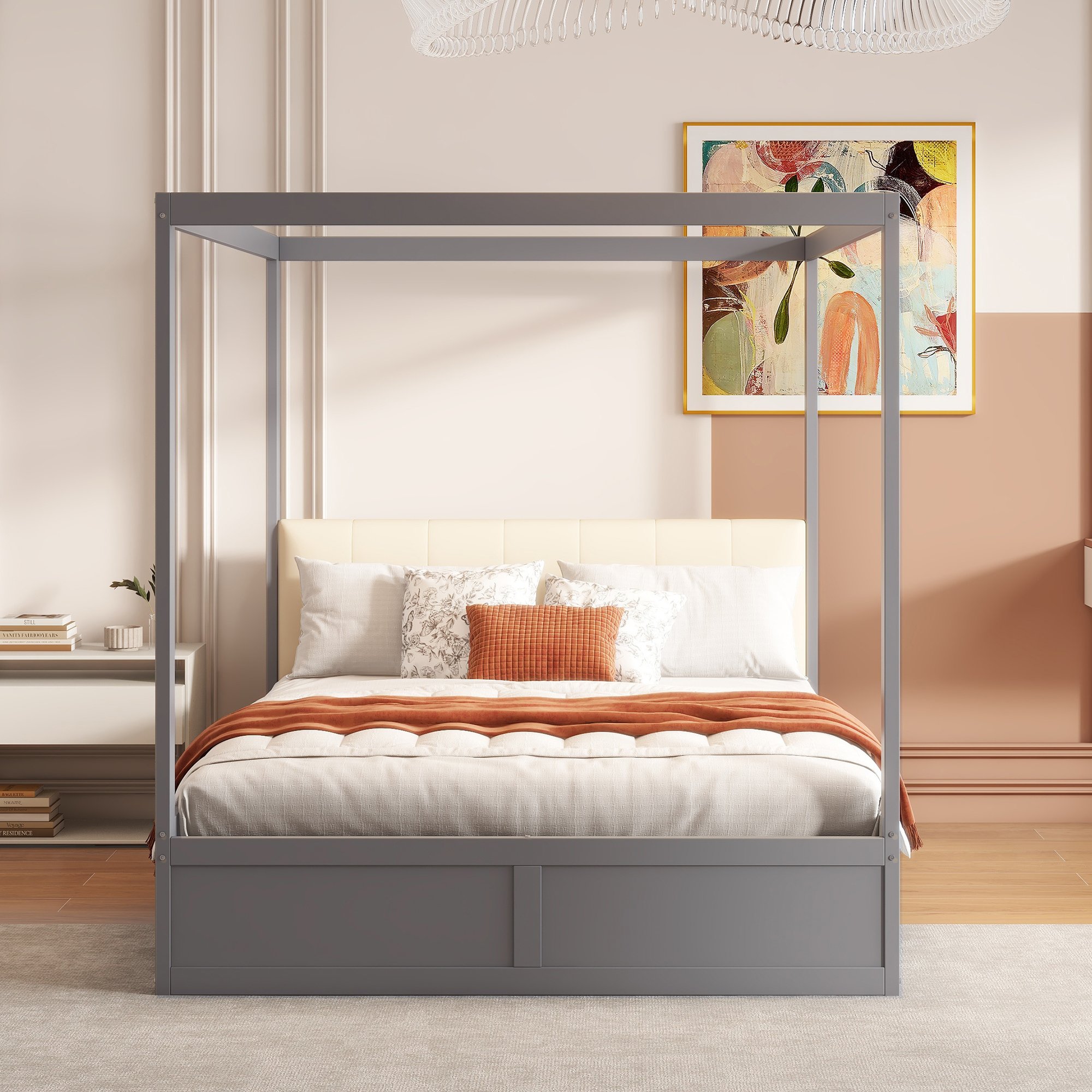 Lit coffre 140x200 en bois massif et tissu avec tête de lit rembourrée, gris