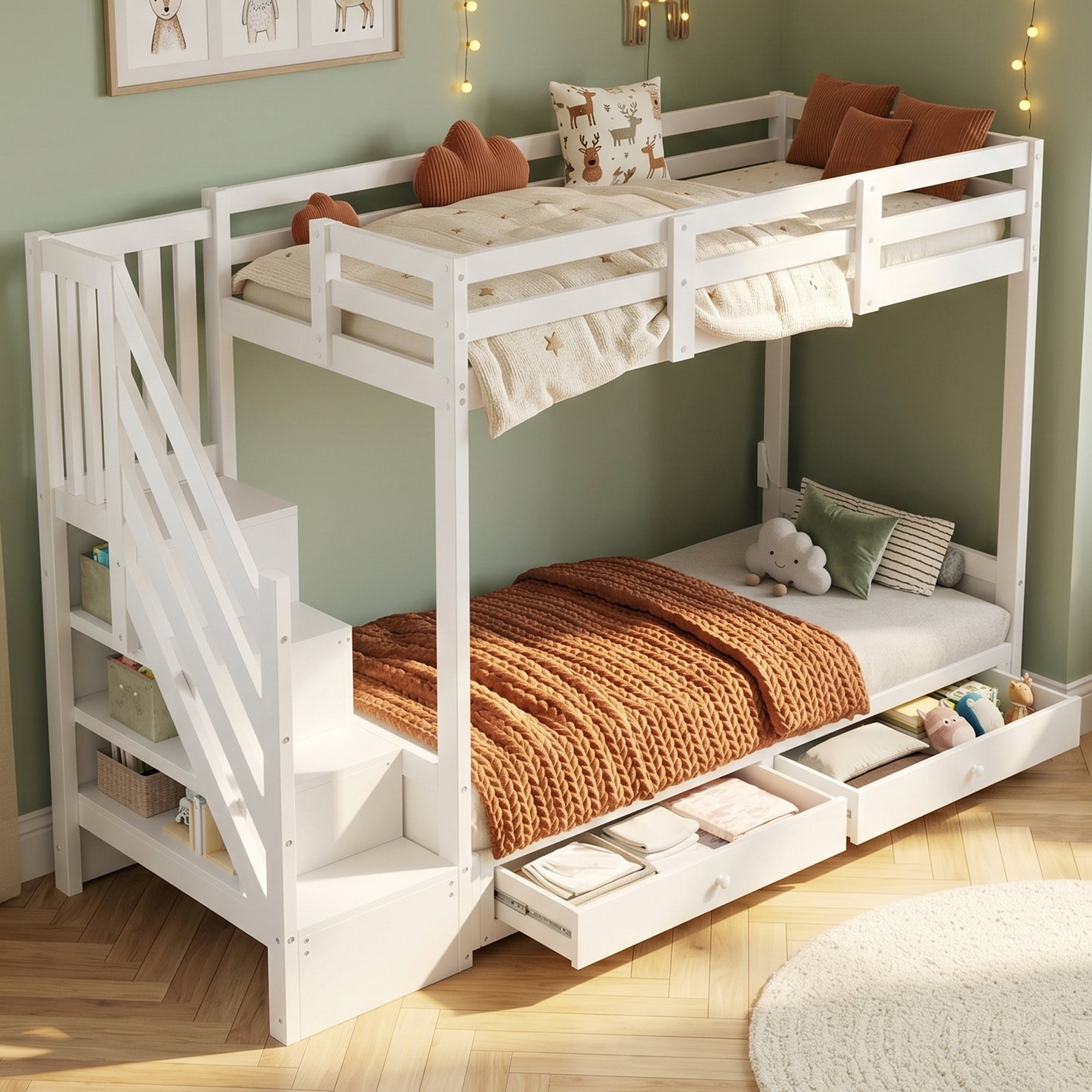 Lit superposé 90x200 cm pour enfant avec 2 couchages et rangement intégré