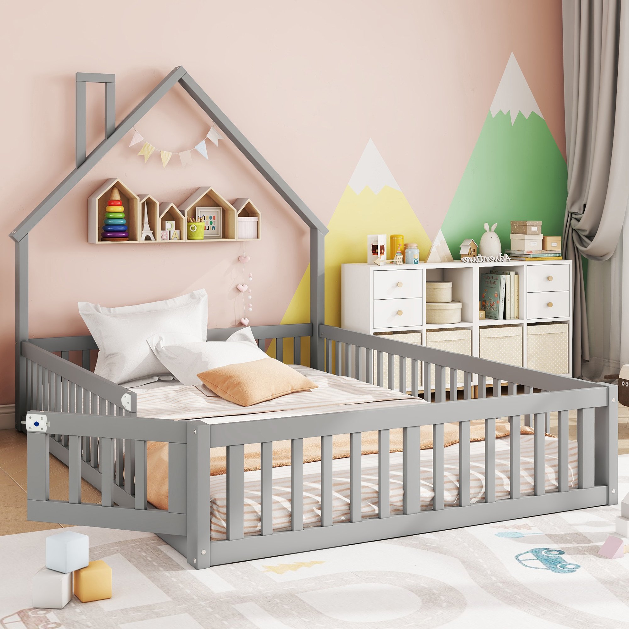 Lit enfant avec barriere de securite 140x190 en pin gris, forme cheminee, sommier inclus