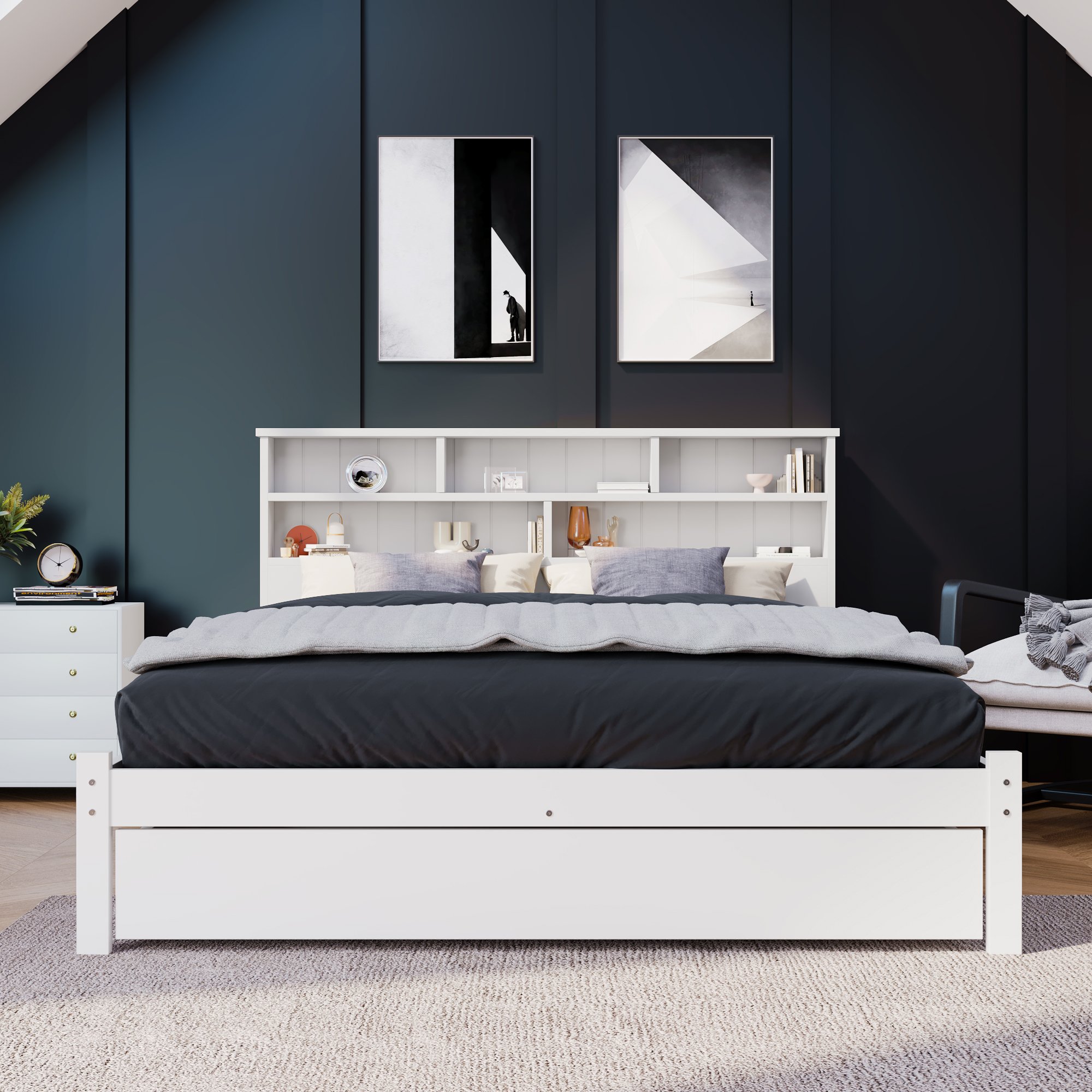 Lit coffre double 140x200 pour chambre adulte avec rangement sous matelas 21cm et tiroirs latéraux sur roulettes blancs