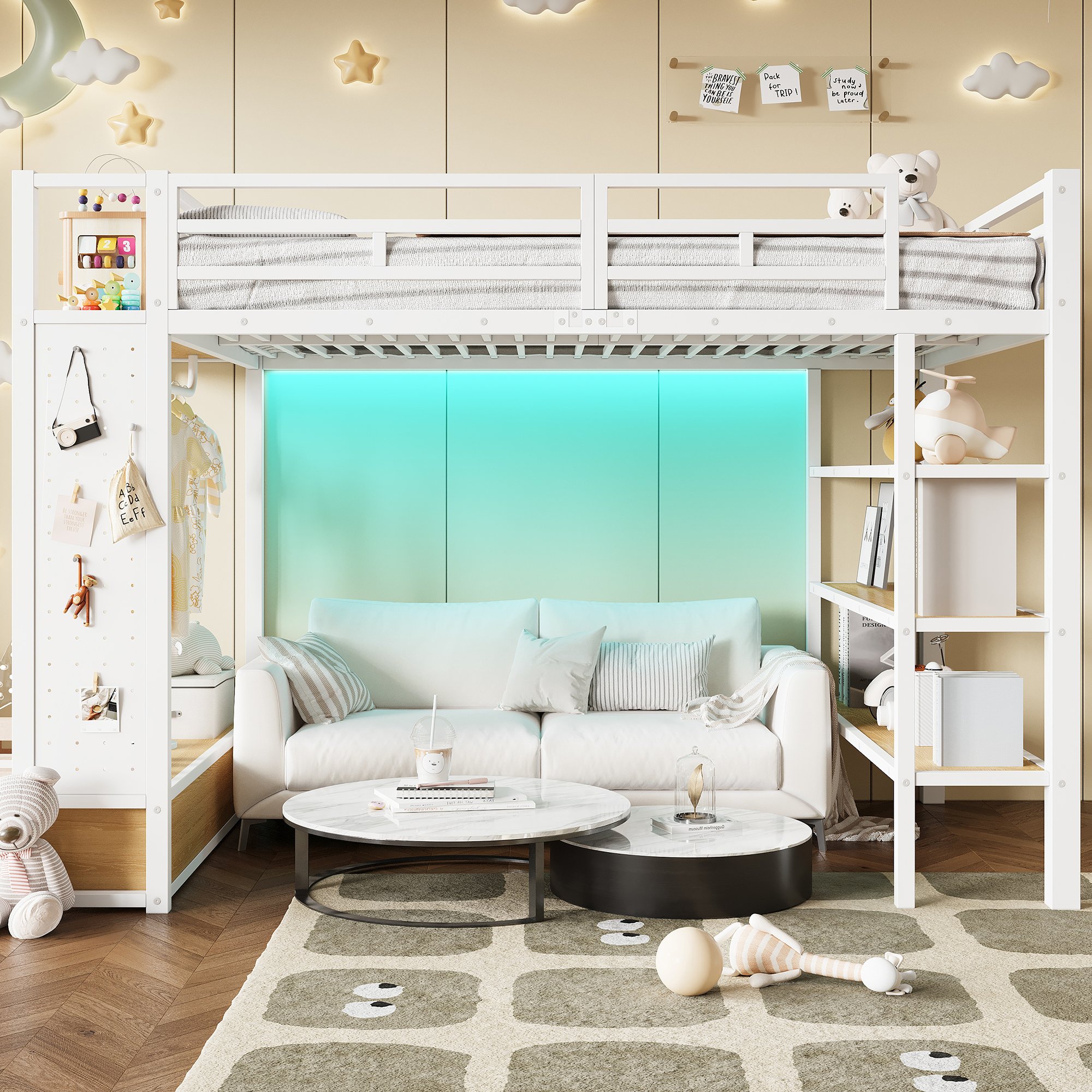 Lit mezzanine 140x200 blanc métal avec rangements, penderie, étagères et LED