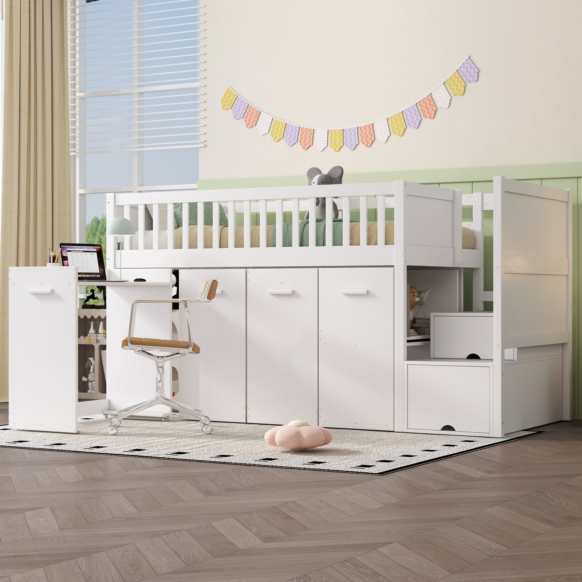 Lit superposé enfant 90x200 avec échelle rangement, bureau et armoires, certifié EN747