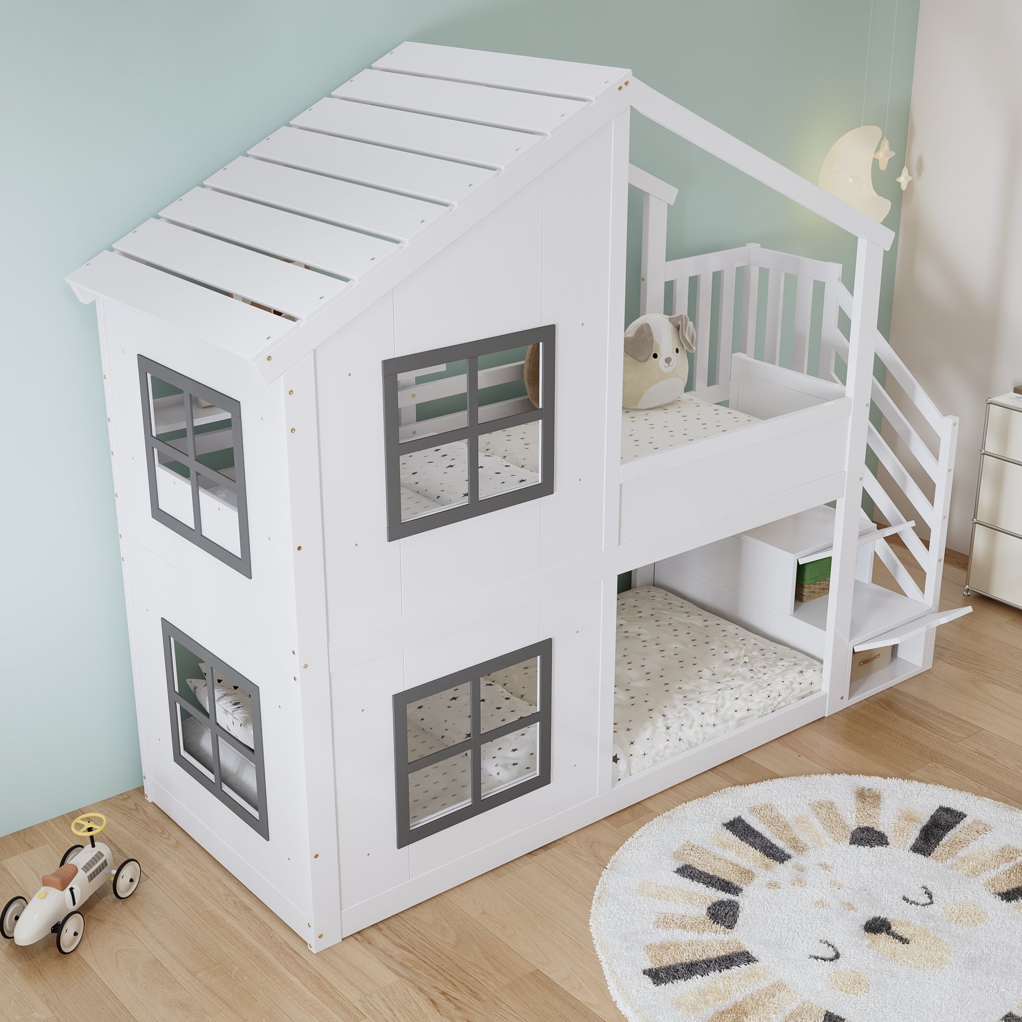 Lit superposé enfant 90x200 en pin blanc et gris avec rangement et fenêtres