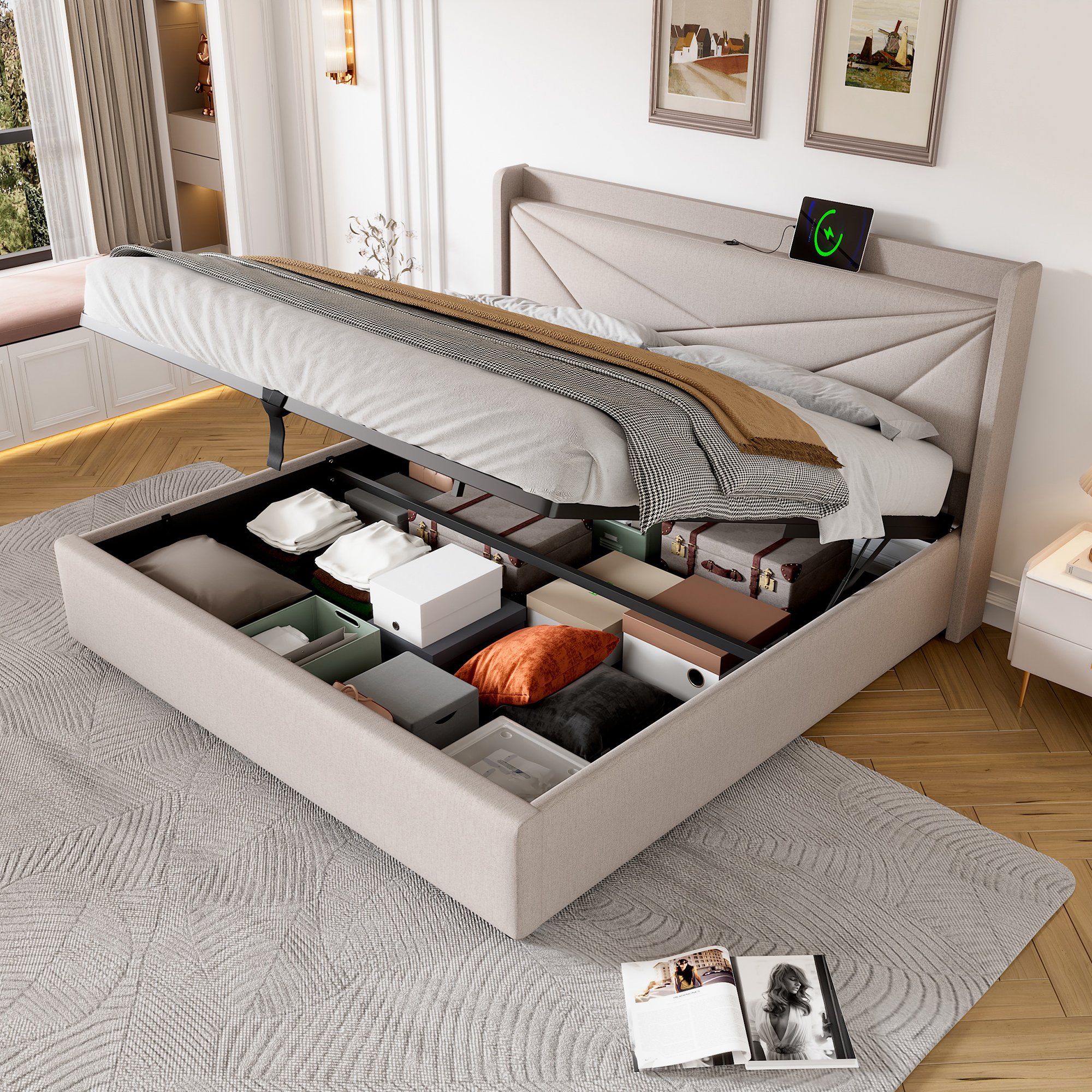 lit coffre double 160x200 beige en tissu lin avec rangement sous le sommier, tête de lit rembourrée et ports USB Type-C