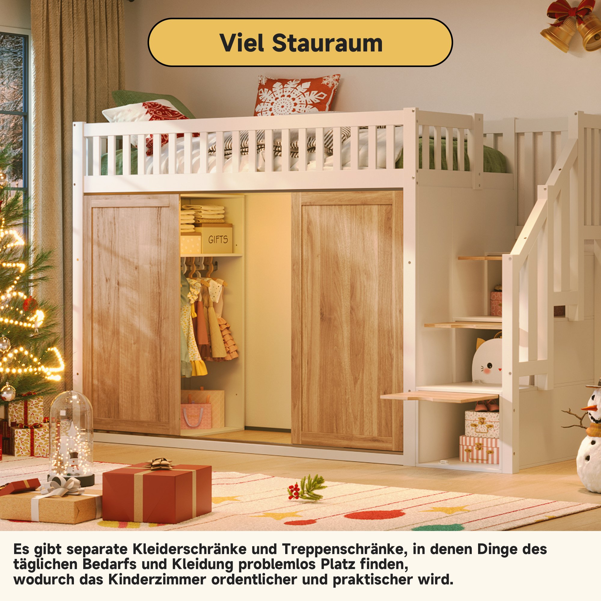 Lit mezzanine enfant multifonction avec grand dressing et escalier de rangement, structure robuste pour chambre d'enfant