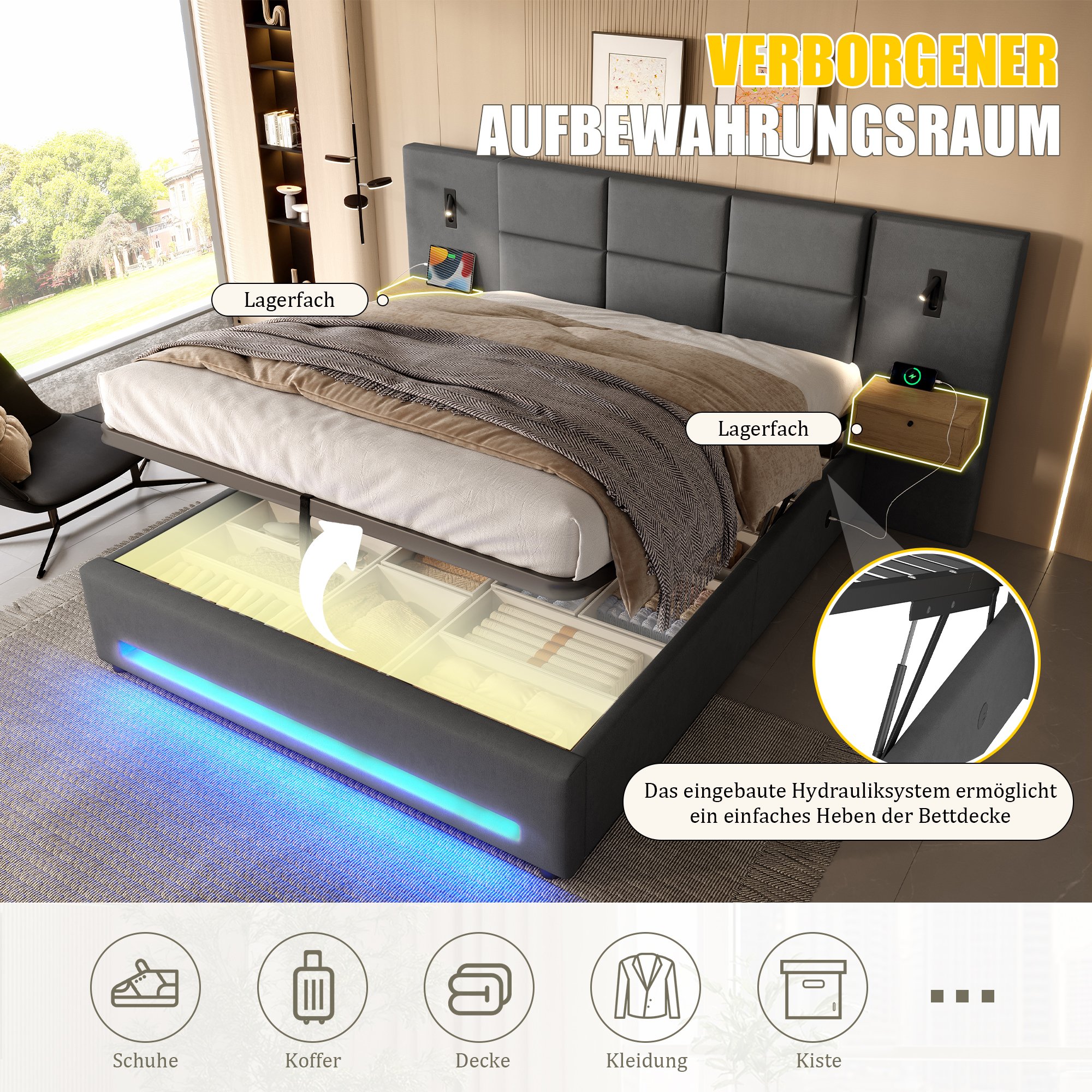Lit coffre 180x200 en velours gris foncé avec rangement hydraulique, LED, USB-C et sommier à lattes