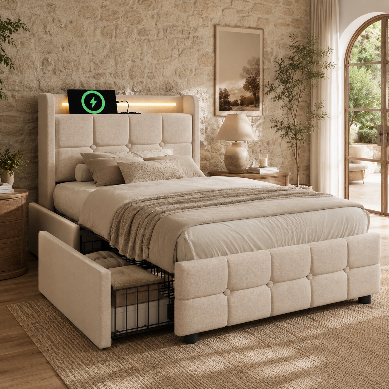 Lit coffre 90x200 avec LED et USB, cadre de lit beige capitonné avec sommier à lattes et 2 grands tiroirs de stockage