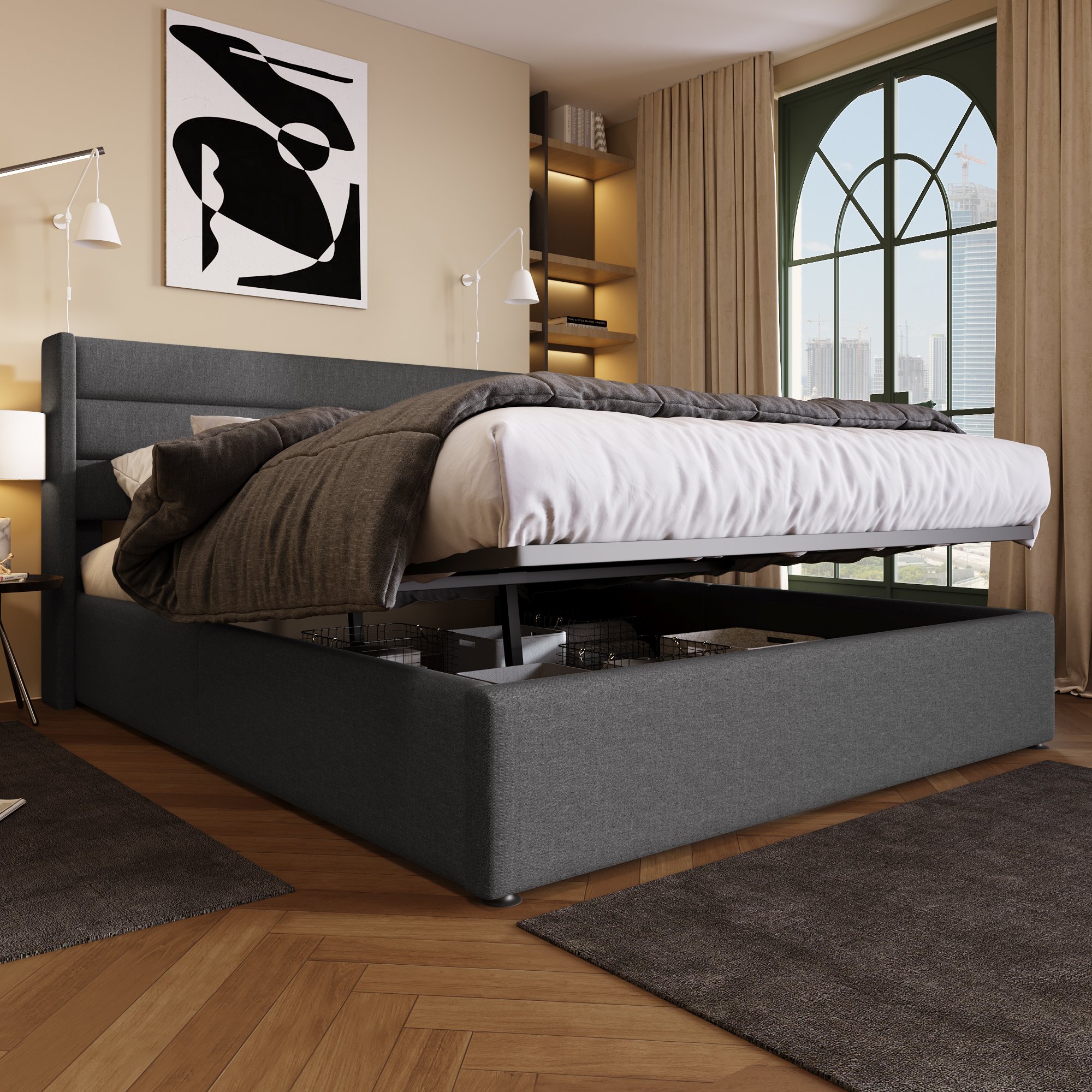 Lit coffre double 180x200 avec ouverture hydraulique et grand espace de rangement sous sommier à lattes gris