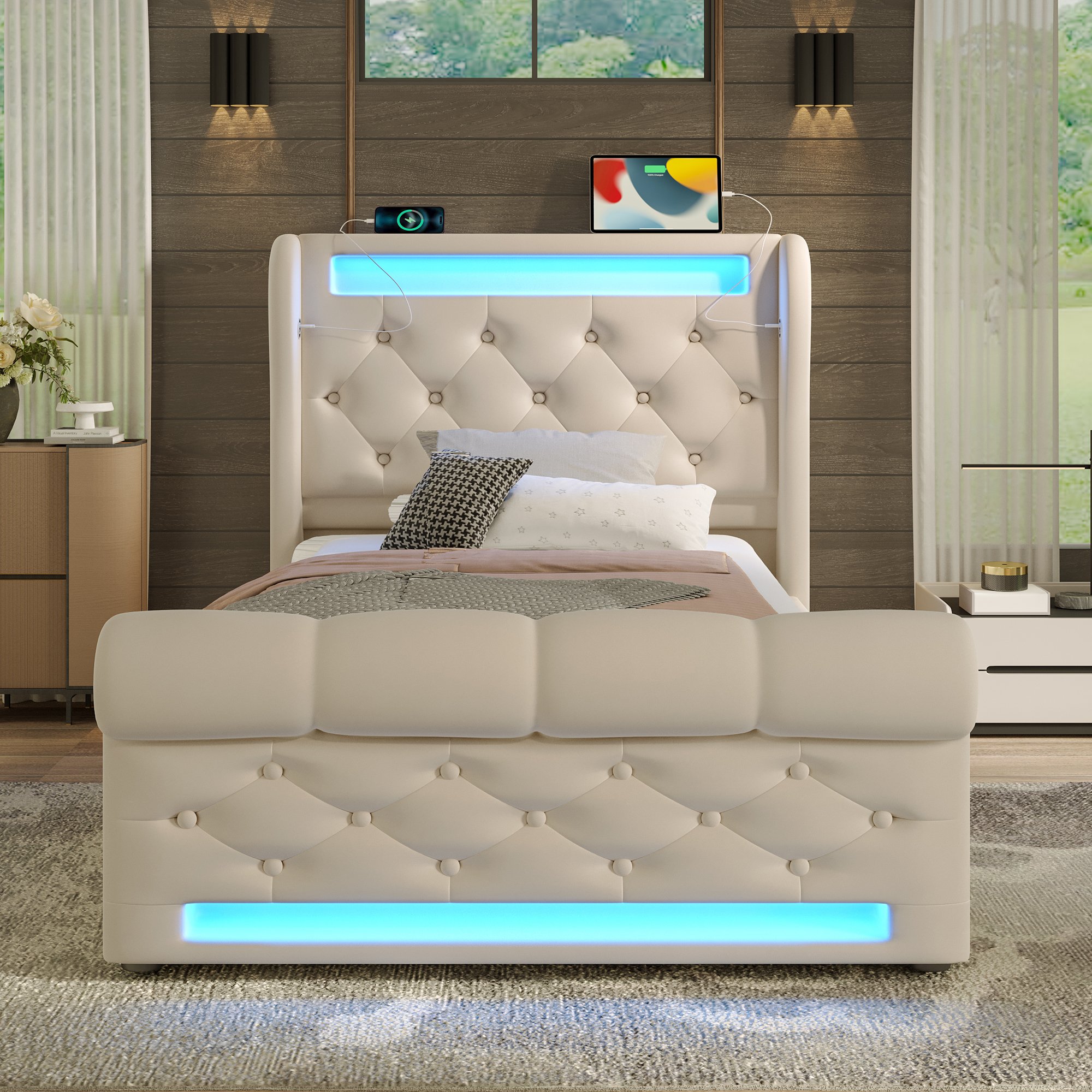Lit coffre LED 90x200 avec matelas, velours beige, rangement hydraulique et chargeurs USB Type-C intégrés