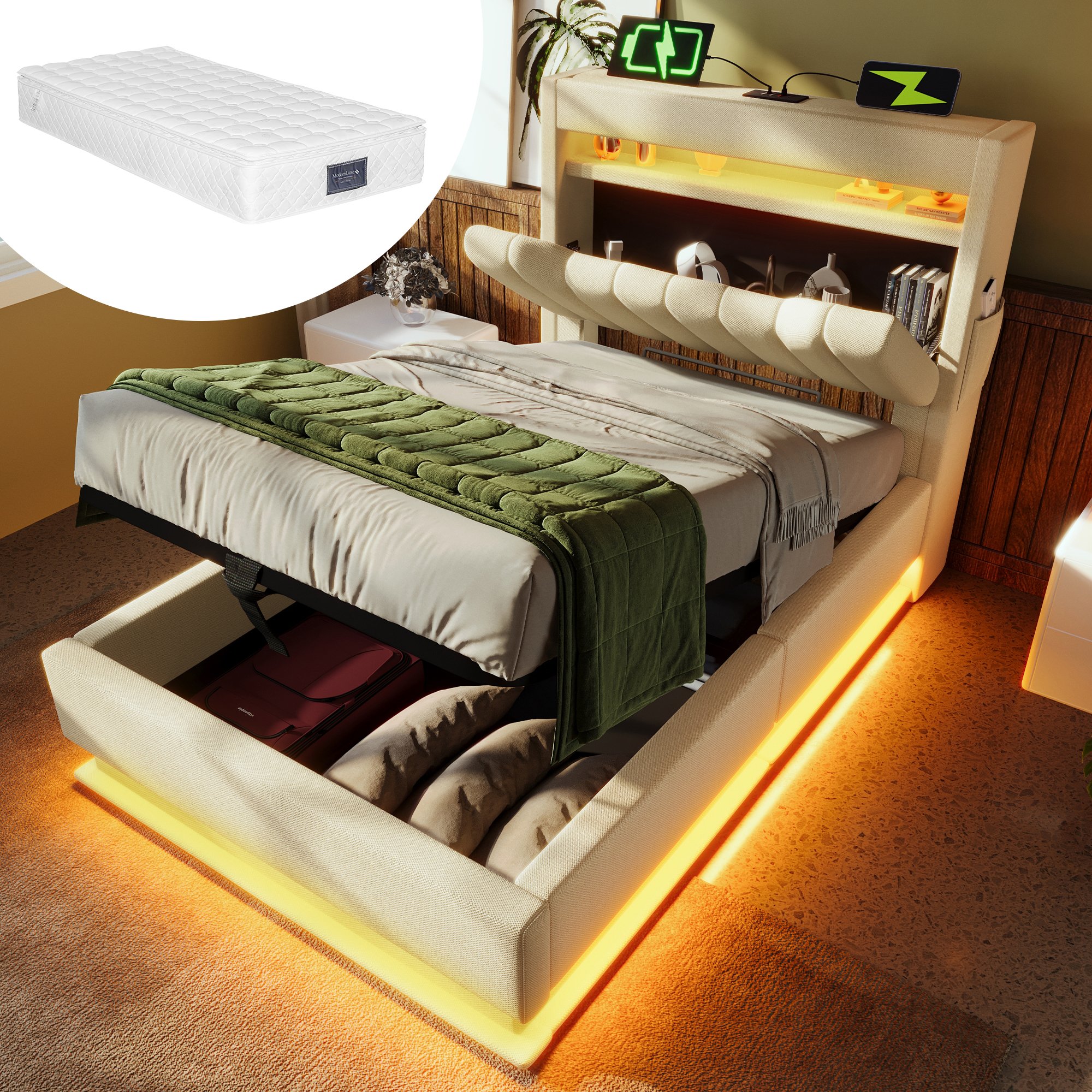 lit coffre 90x200 cm avec matelas ressorts H3, rangement hydraulique sous le couchage, LED et structure métal bois