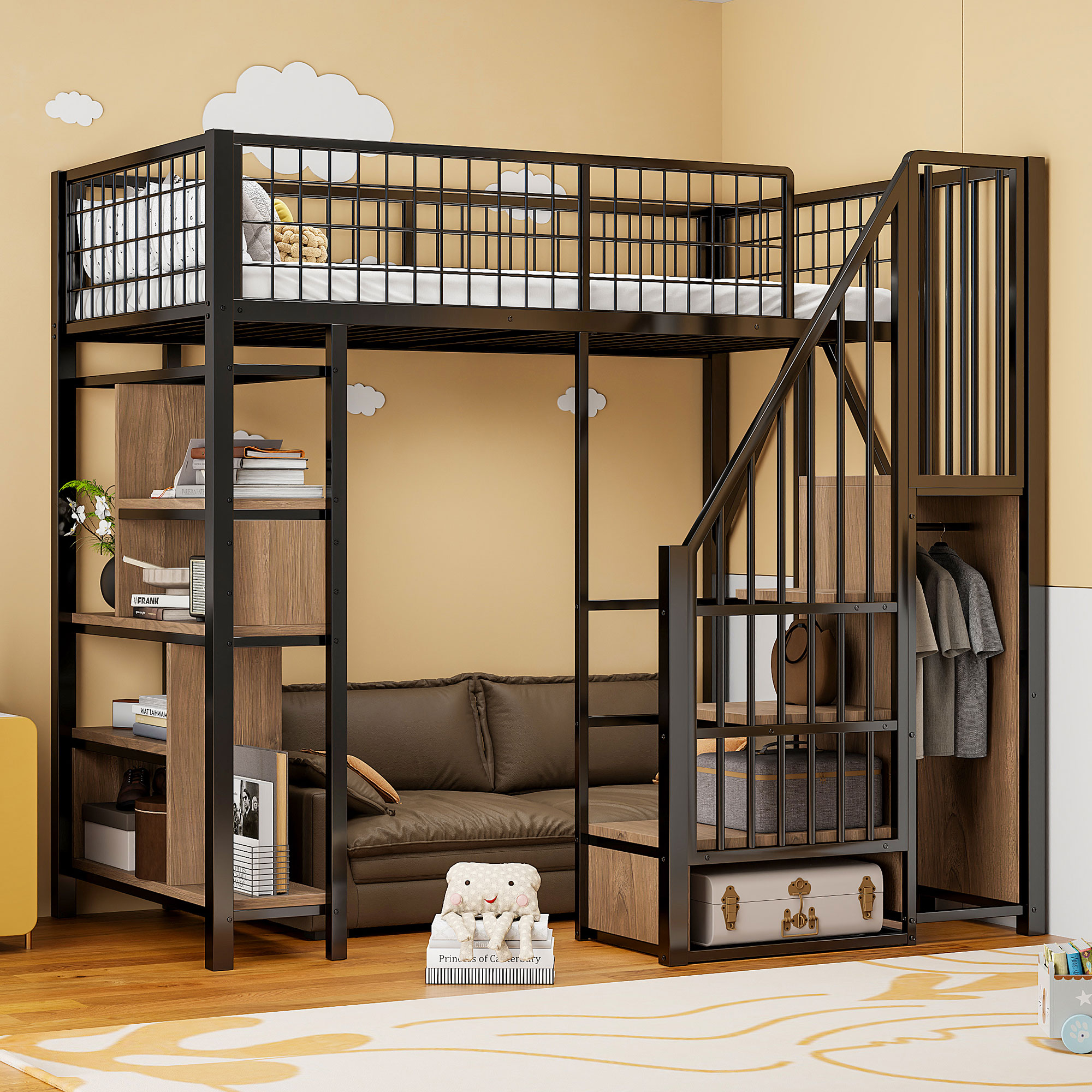 Lit mezzanine 90x200 cm avec rangement, échelle et étagères, pour adulte et enfant, noir