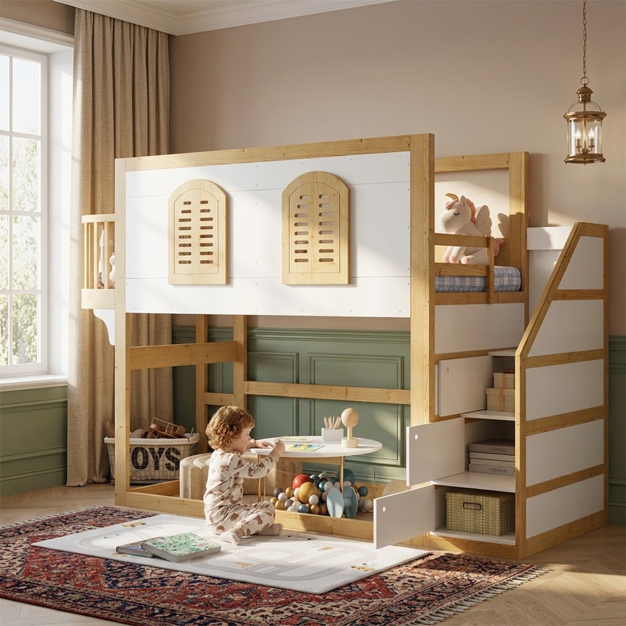 Lit mezzanine enfant 90x200 en bois massif blanc et naturel avec escalier et rangement