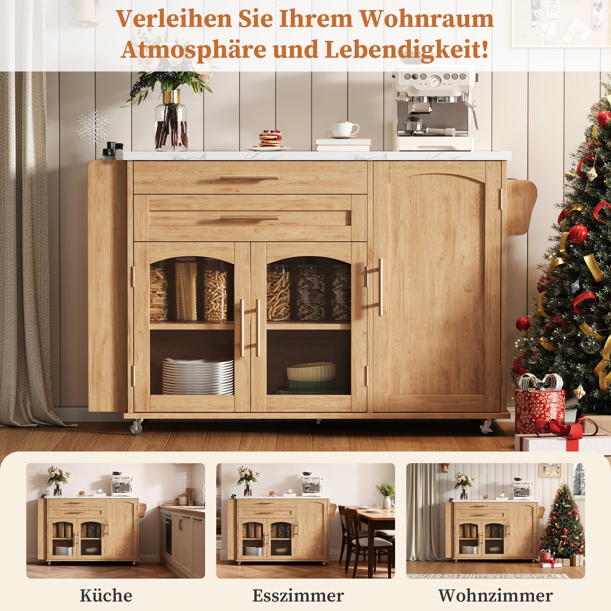 Îlot de cuisine avec plan de travail rabattable, rangements multiples, 5 roulettes, Panneau composite de fibres de bois à densité naturel, 120x45(70)x90 cm