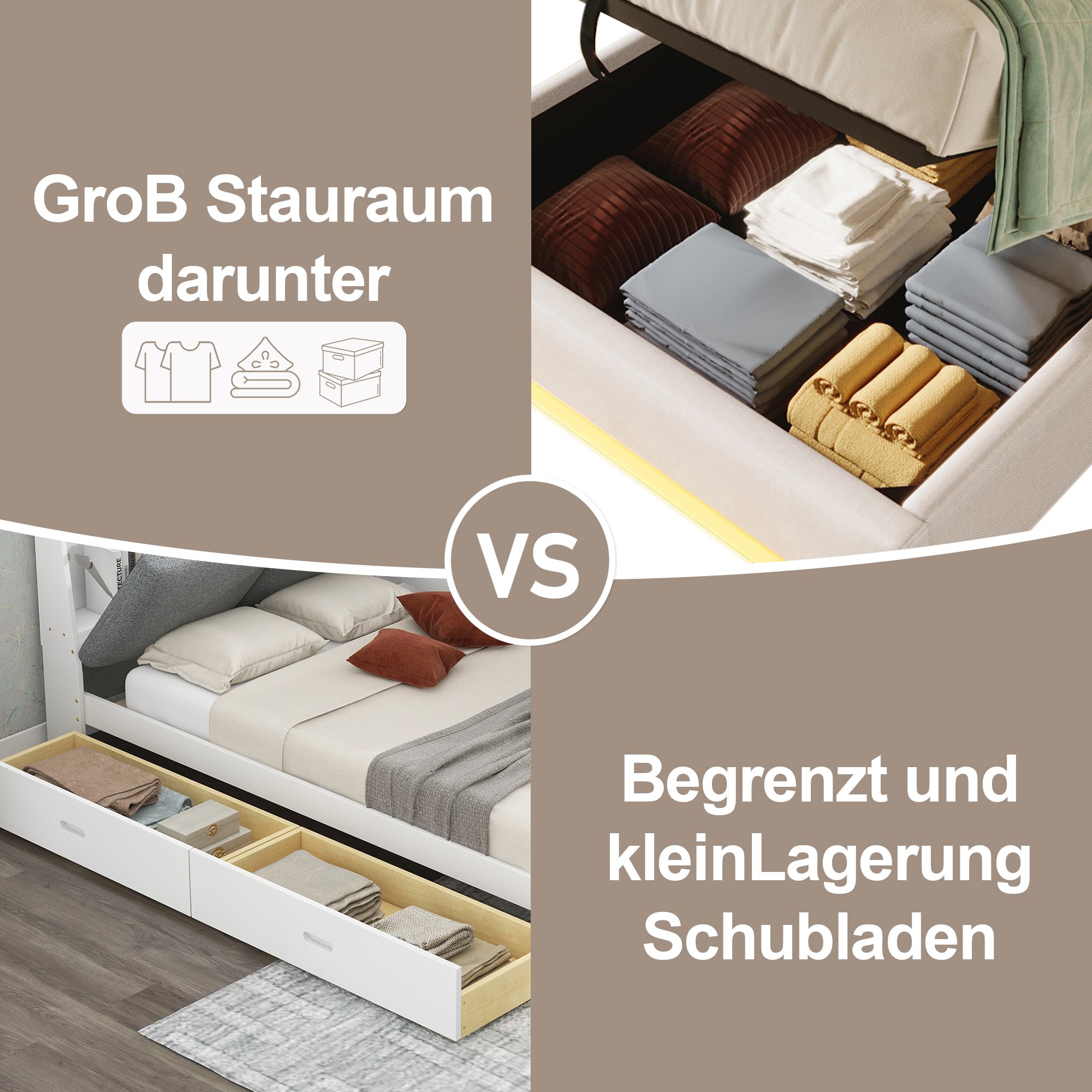 Lit coffre 90x200 en lin beige avec rangement hydraulique, LED, USB et Type-C, sans tête de lit