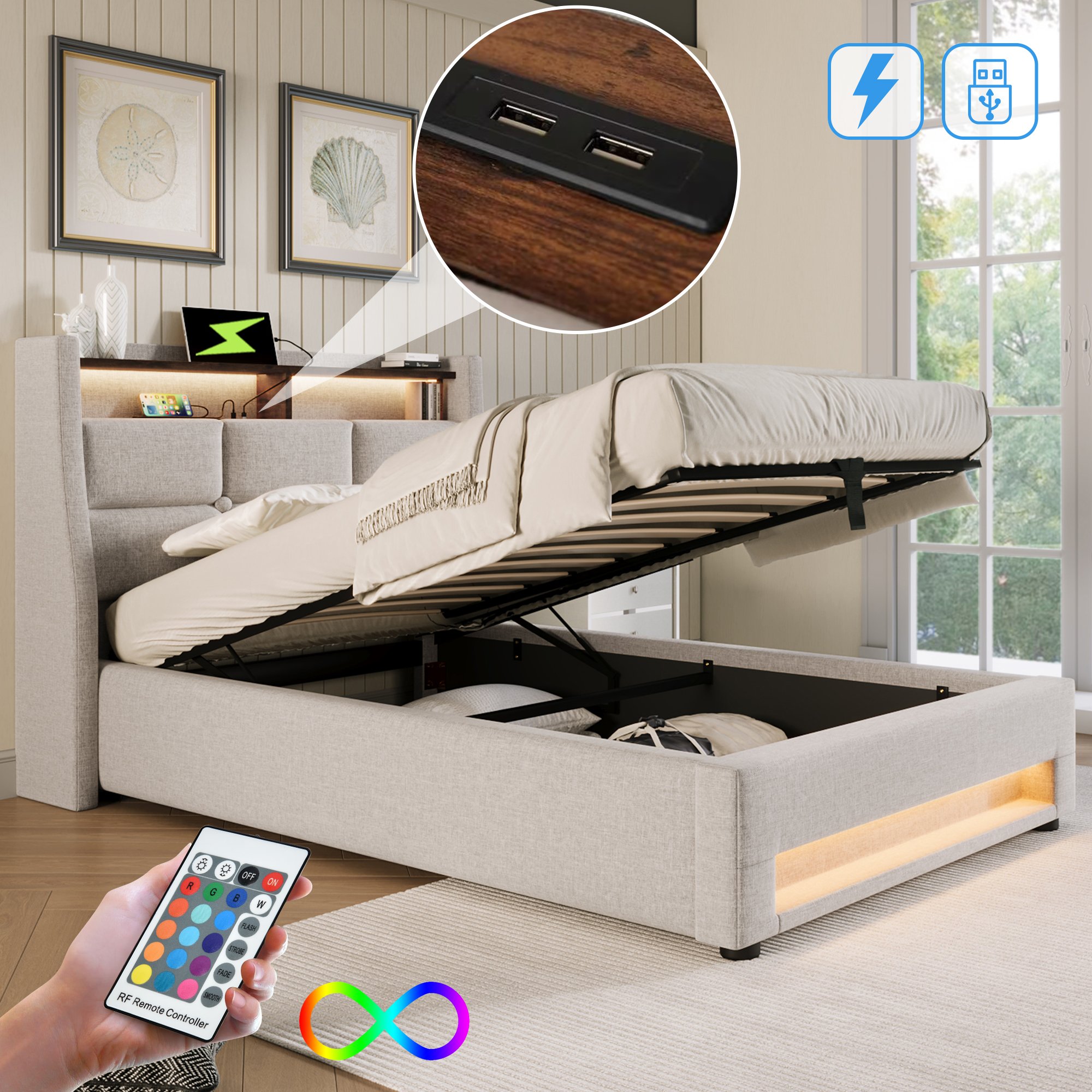 Lit LED 90x200 avec sommier à lattes, cadre de lit rembourré beige en lin avec ports USB et rangement hydraulique