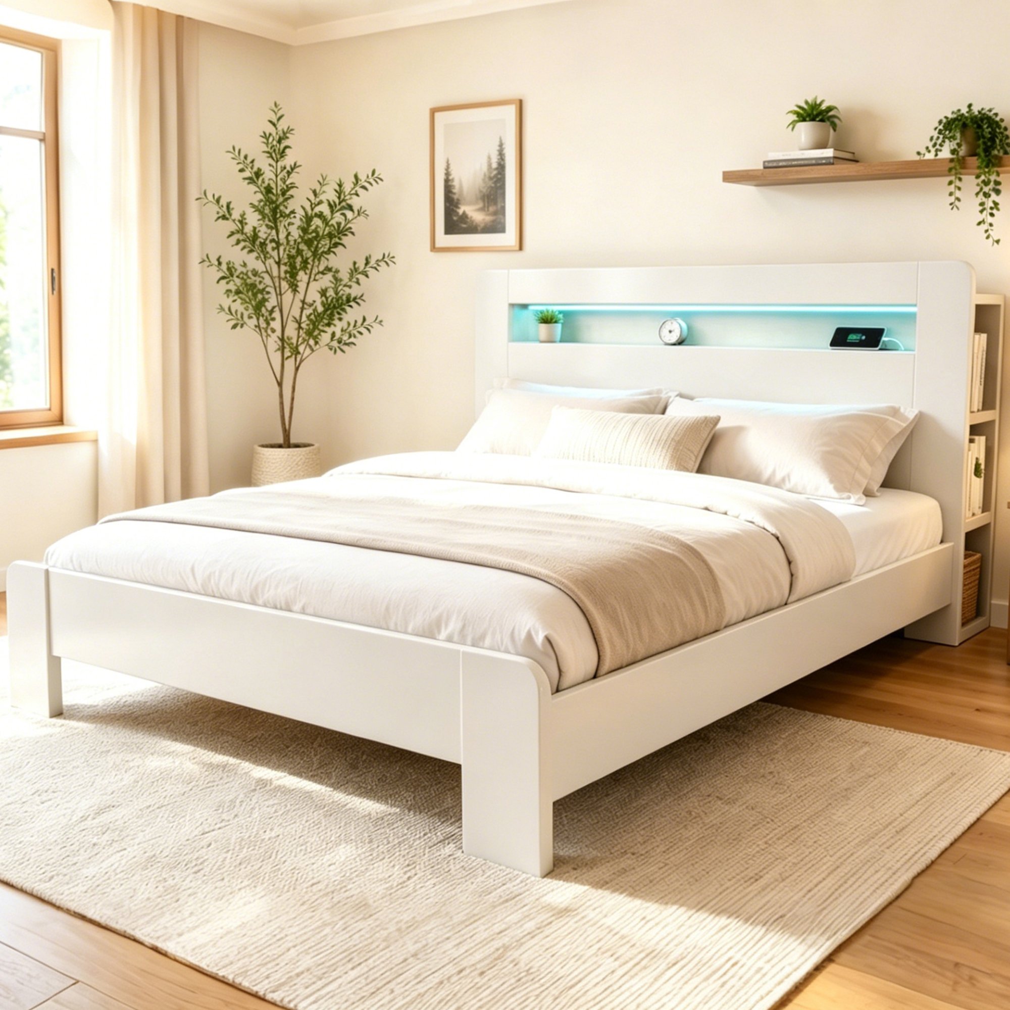 Lit coffre avec rangement au tête, LED et prises USB, 180x200 cm