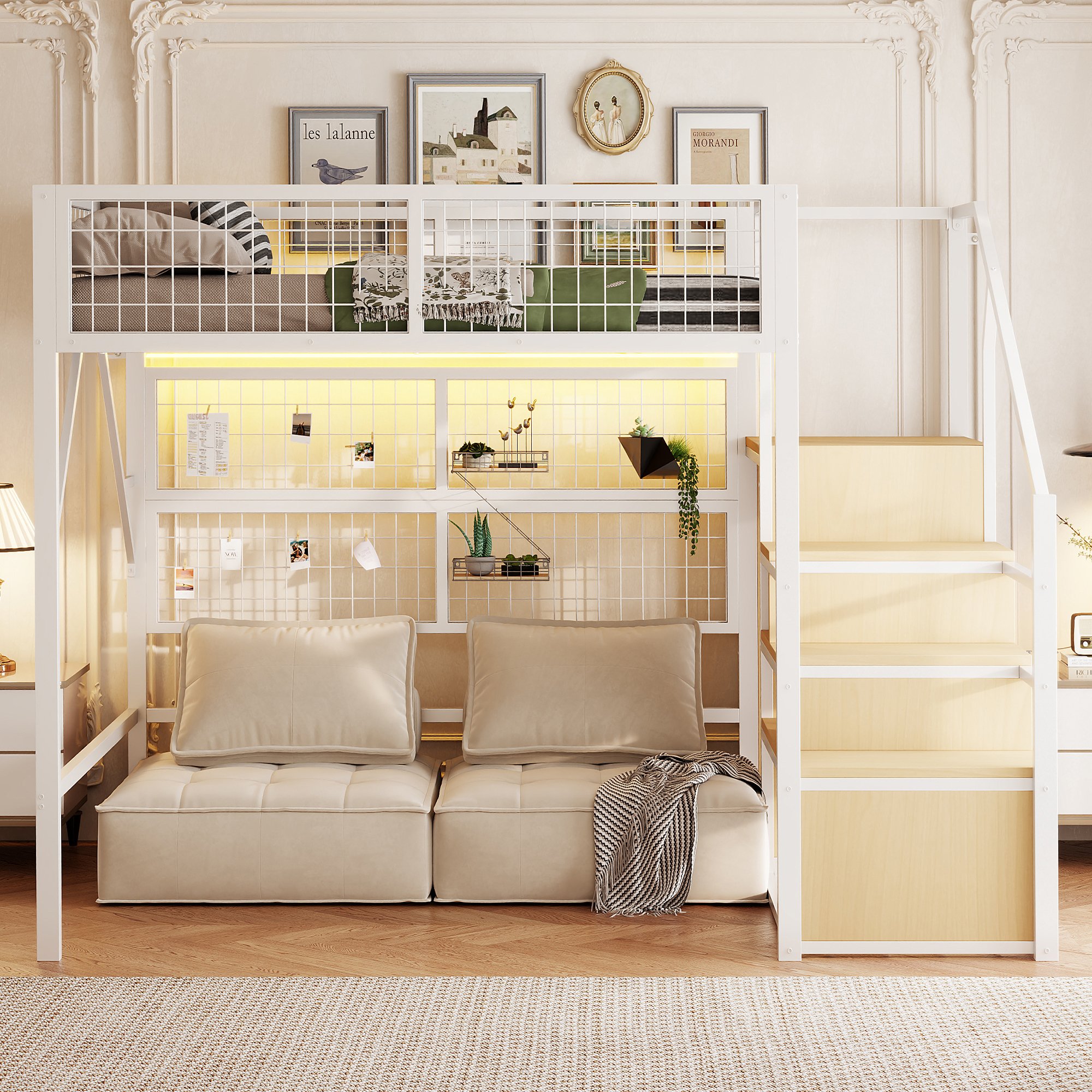 Lit superposé 140x200 avec escalier et rangement pour enfant, métal blanc avec LED et placard