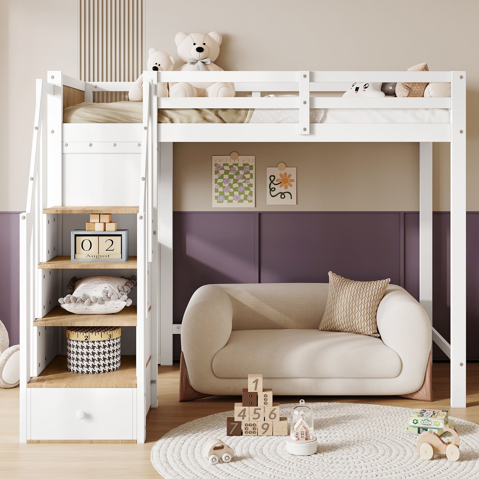 Lit superposé enfant 90x200 en bois blanc et naturel avec bureau, rangements et échelle