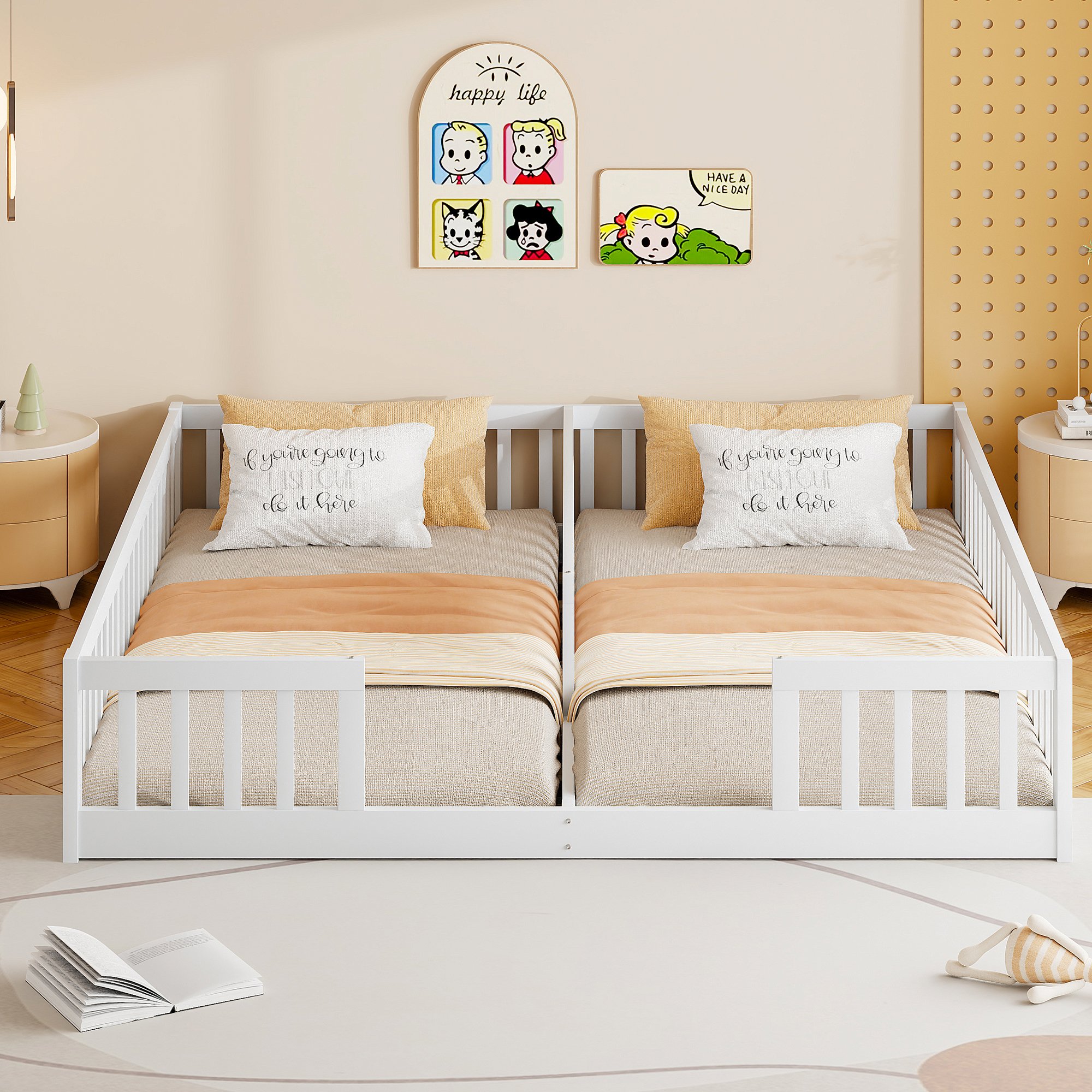 Lit enfant 90x200 pour deux enfants, avec barrière de sécurité, en pin blanc