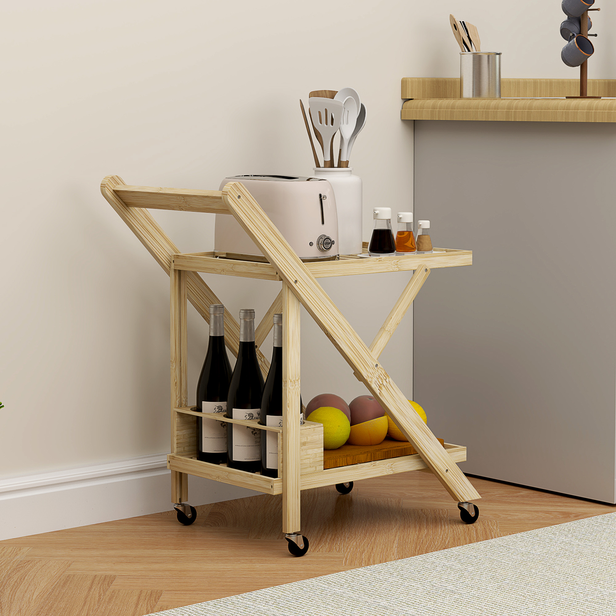 Îlot de cuisine en bambou naturel, structure pliable avec 2 étagères, plan de travail, porte-bouteilles, roulettes, 66x40x70 cm