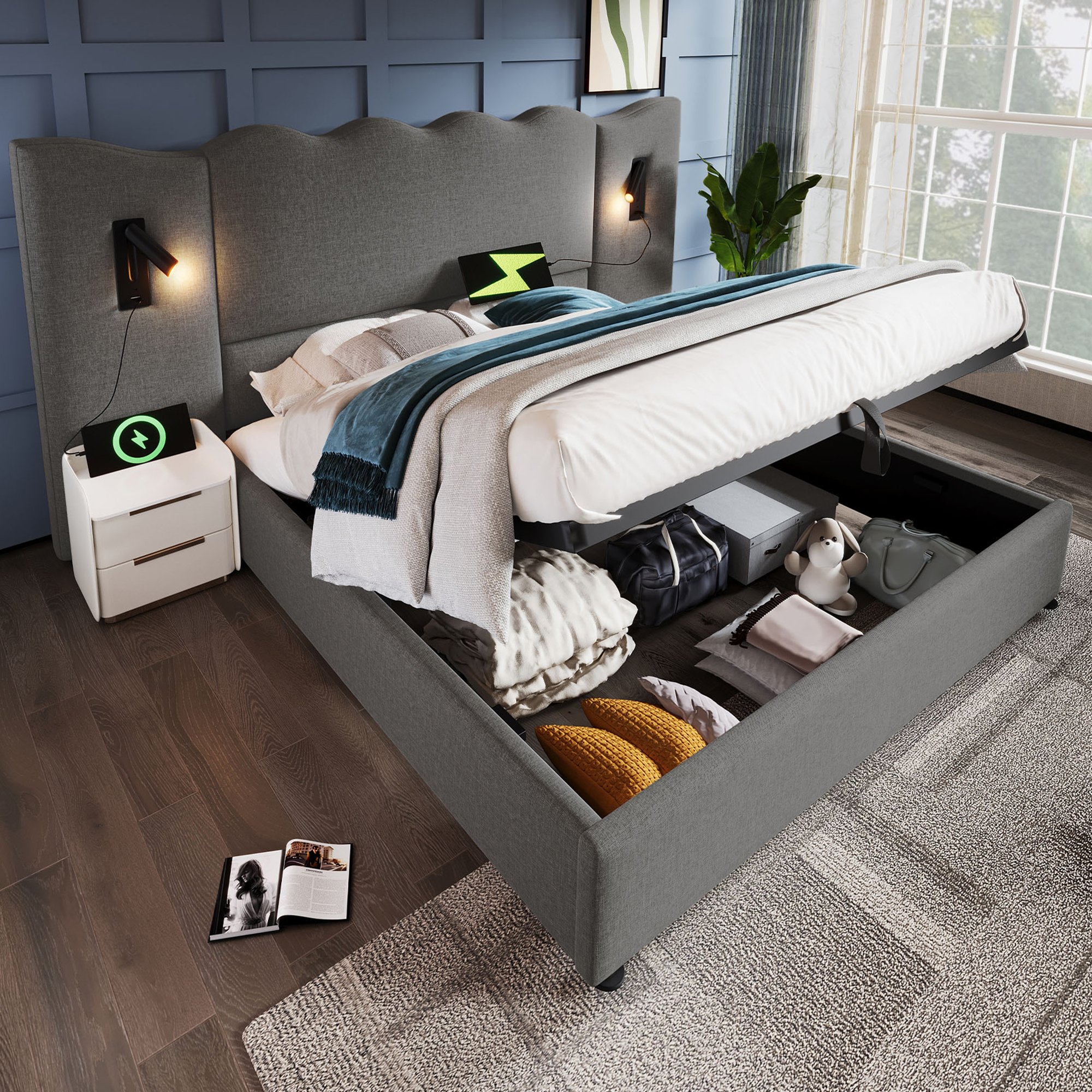 lit coffre 160x200 cm gris clair avec tête de lit capitonnée ondulée, espace sous matelas pour rangement et table de chevet