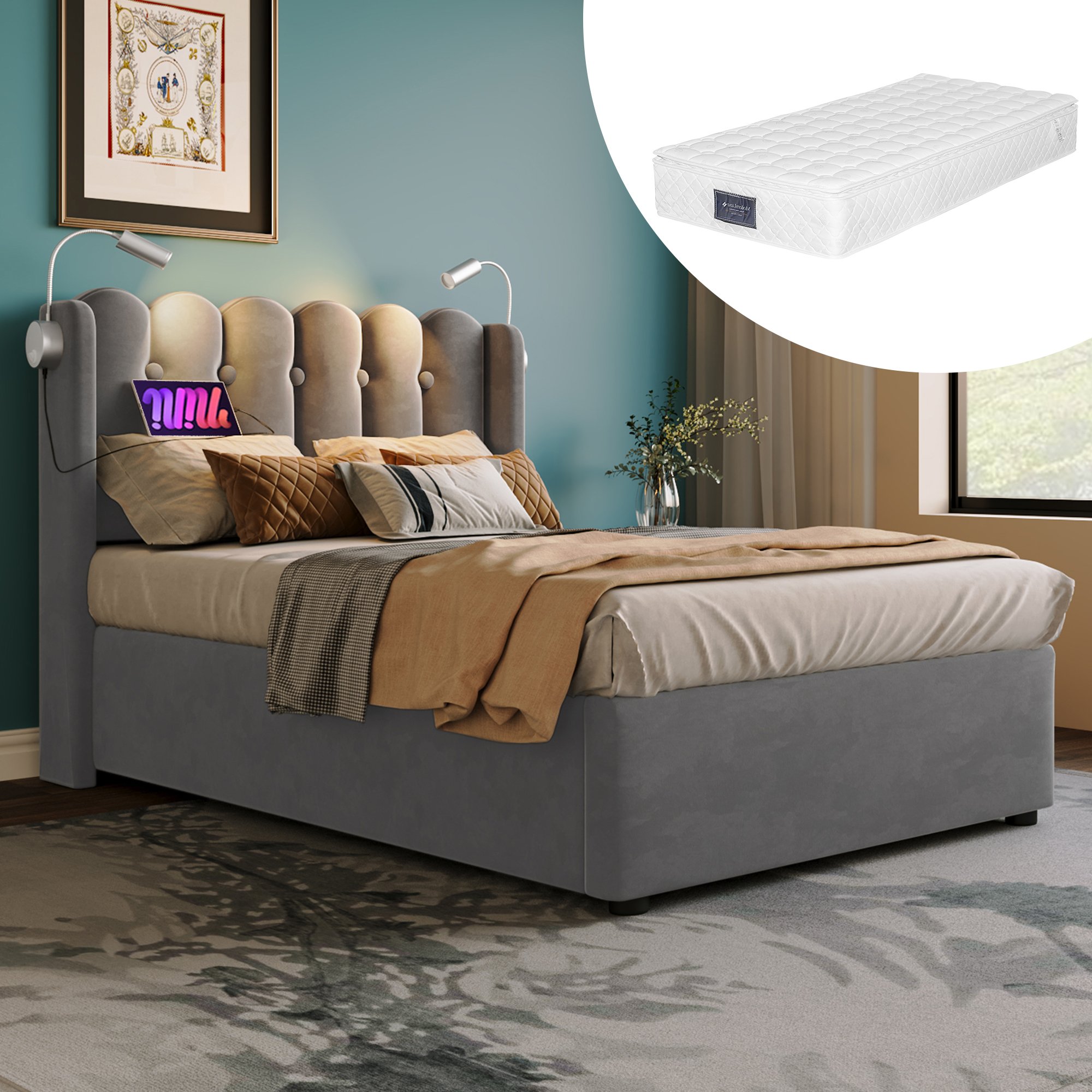 lit coffre 90x200 avec LED et USB, rangement hydraulique sous sommier à lattes gris velours