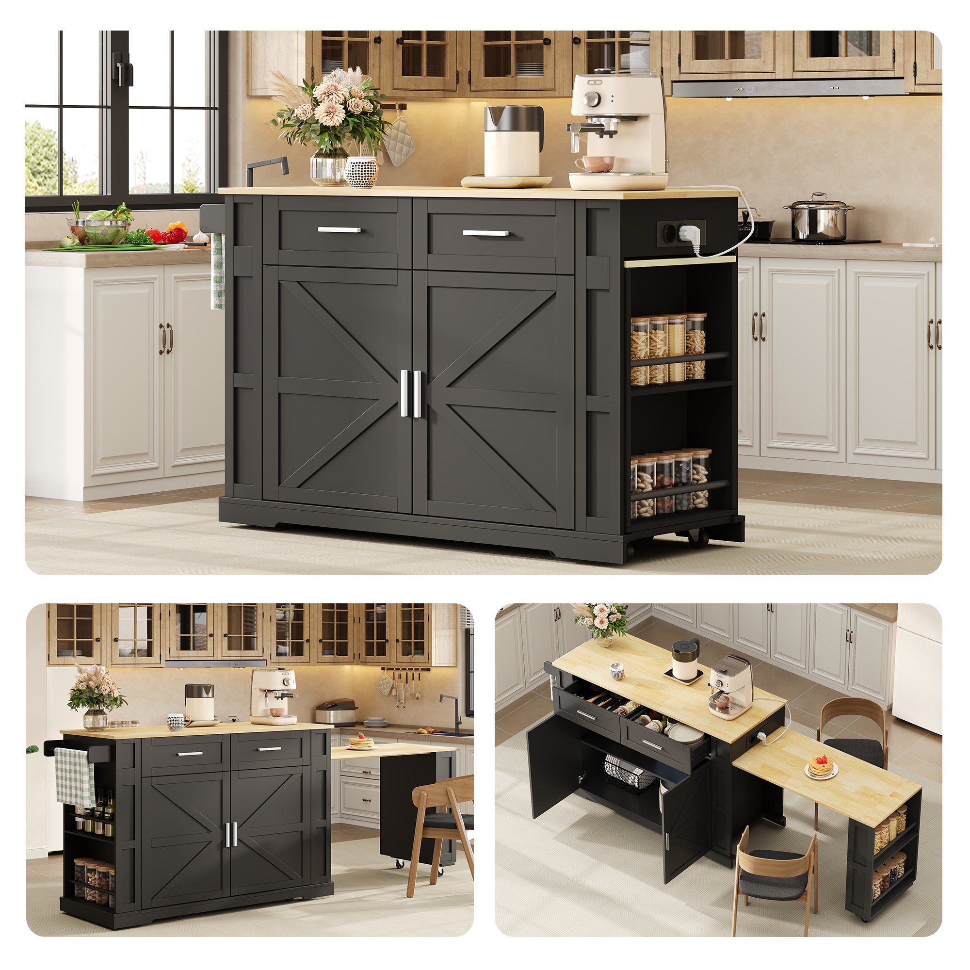 Îlot de cuisine 120x50 cm avec plan de travail extensible, noir et bois, 2 tiroirs, armoire, porte-serviettes et 7 roulettes