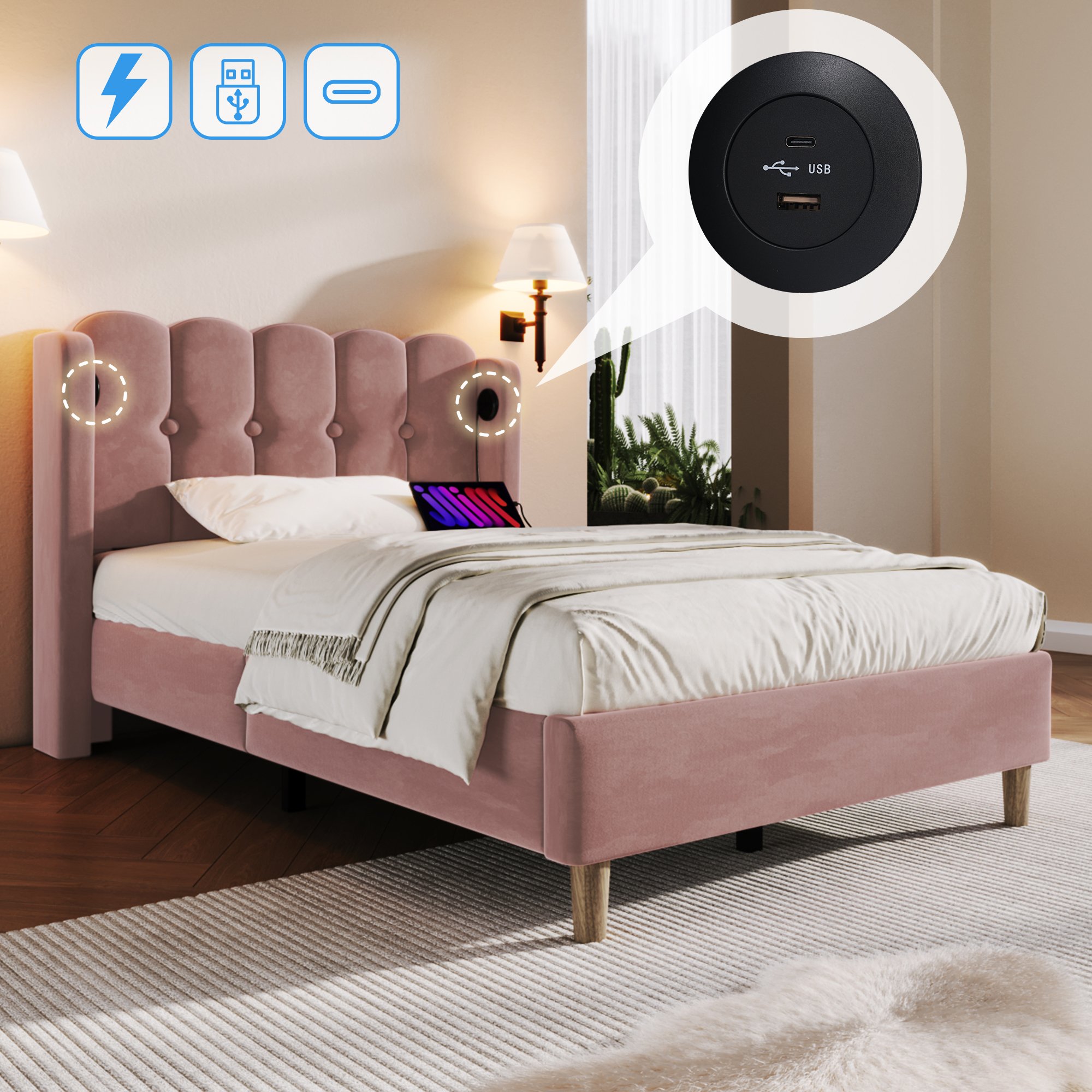 Lit simple rose velours avec USB Type-C et sommier à lattes, cadre de lit rembourré idéal pour chambre ado ou studio