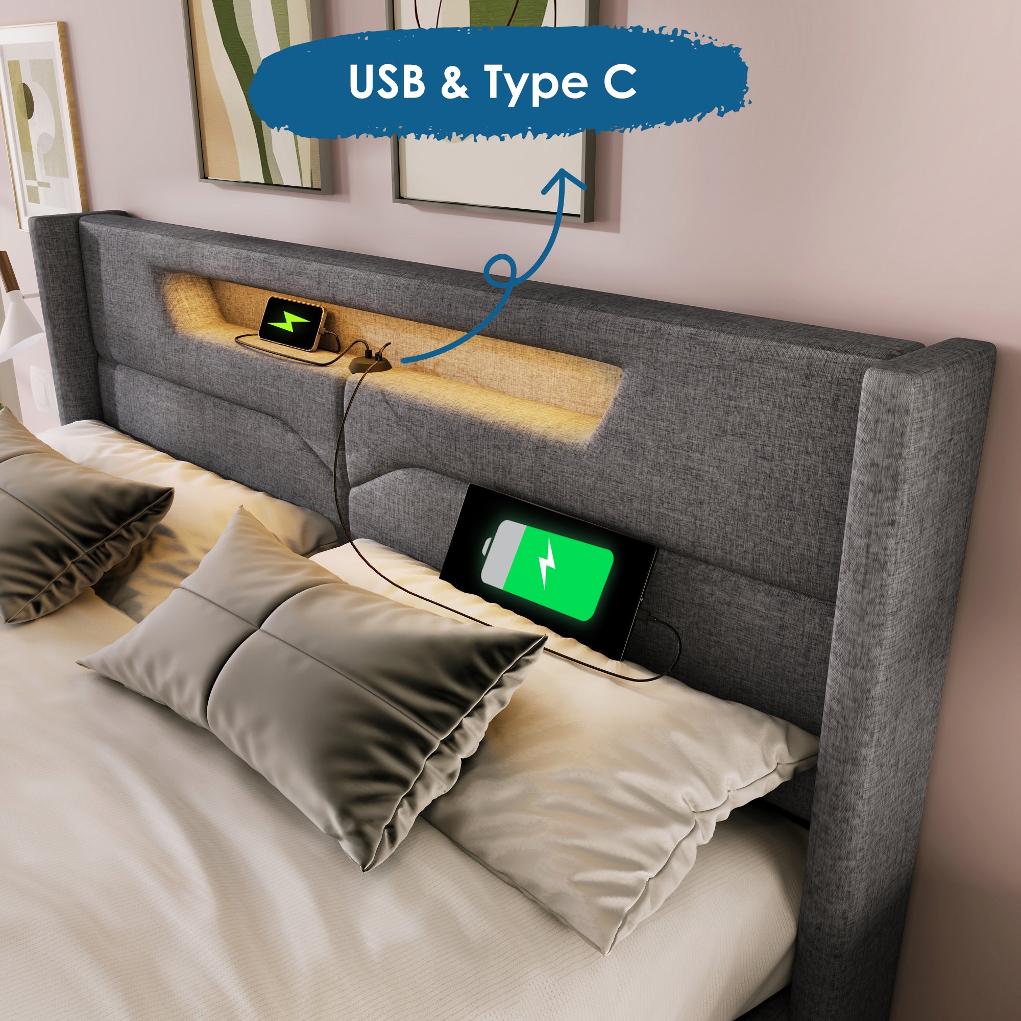Lit double rembourré 140x200 avec sommier et matelas, coffre de rangement LED USB Type-C gris tissu lin