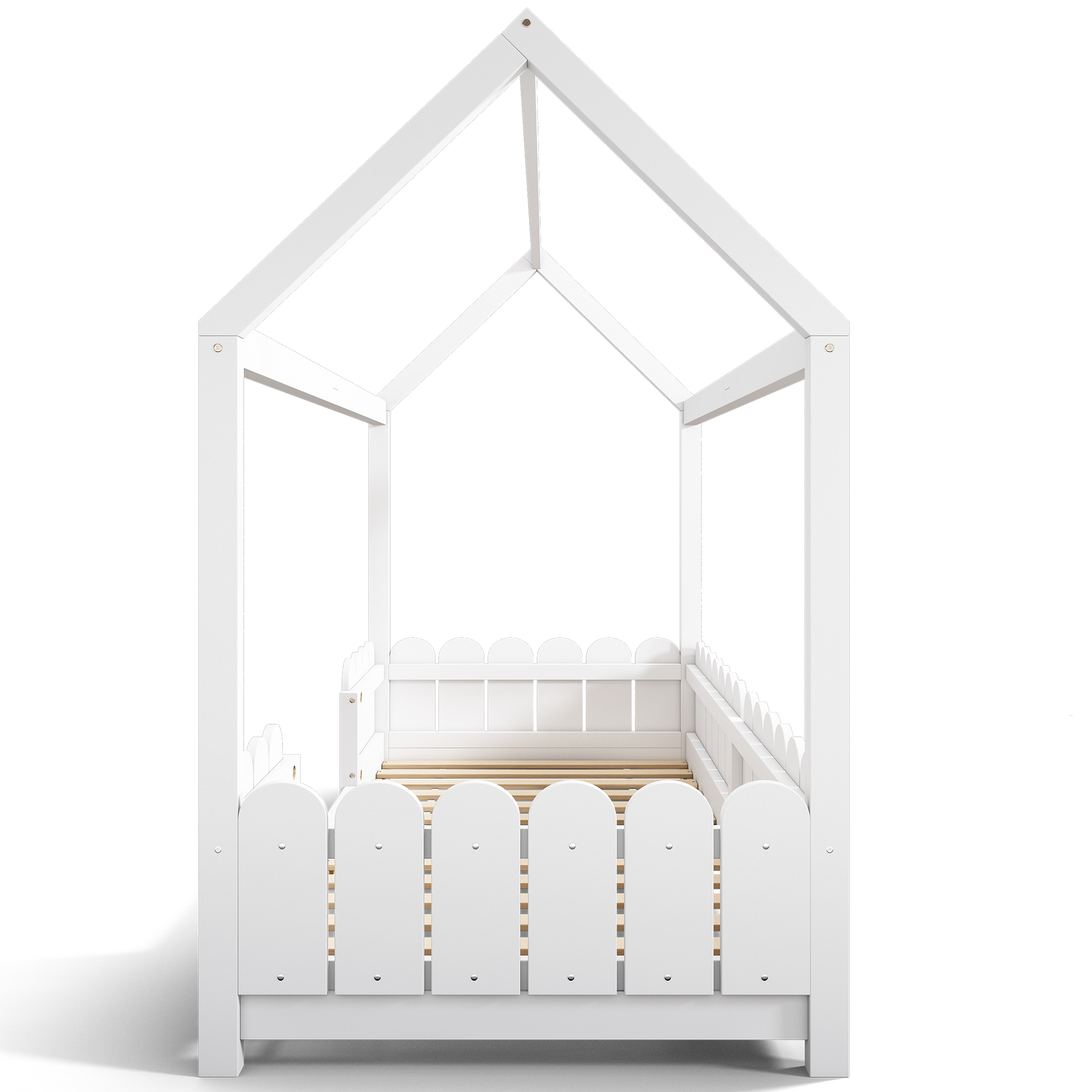 lit cabane enfant 90x200 blanc avec barrière de sécurité et sommier à lattes bois massif pour chambre