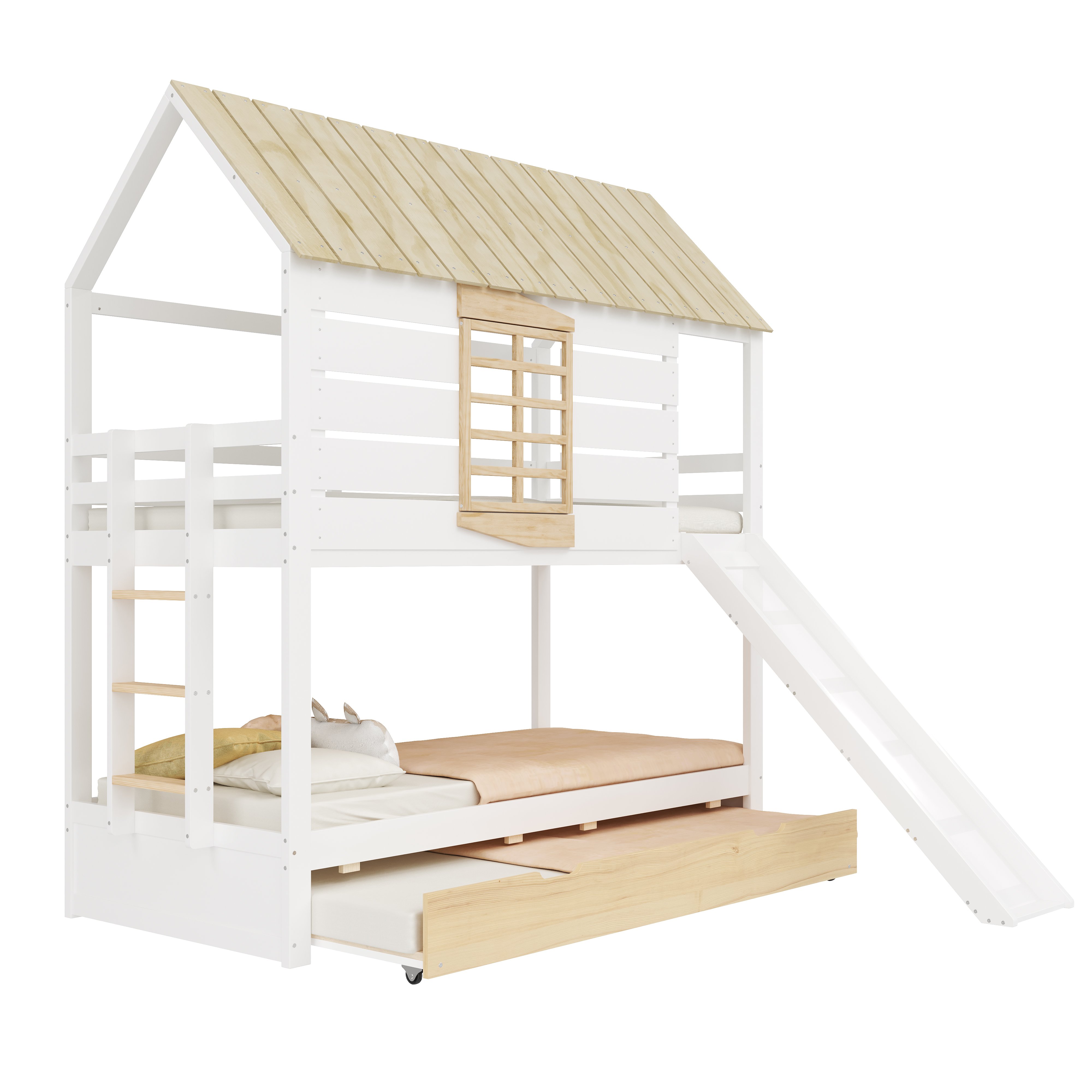 Lit superposé 90x200 avec toboggan et lit escamotable, 4 colis, à monter soi-même