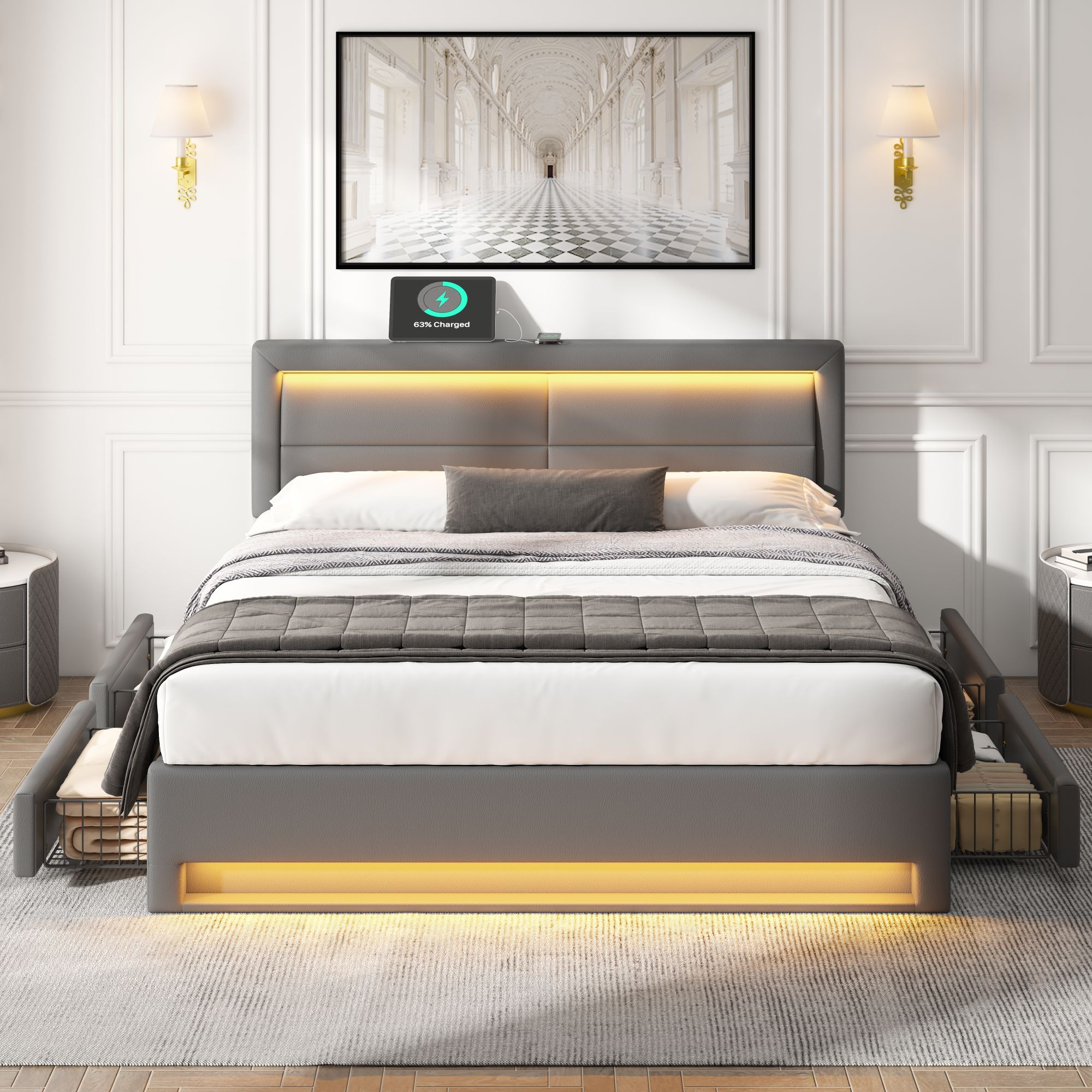 Lit rembourré 140x200cm avec LED et USB, 4 tiroirs de rangement, style contemporain gris, facile à monter soi-même