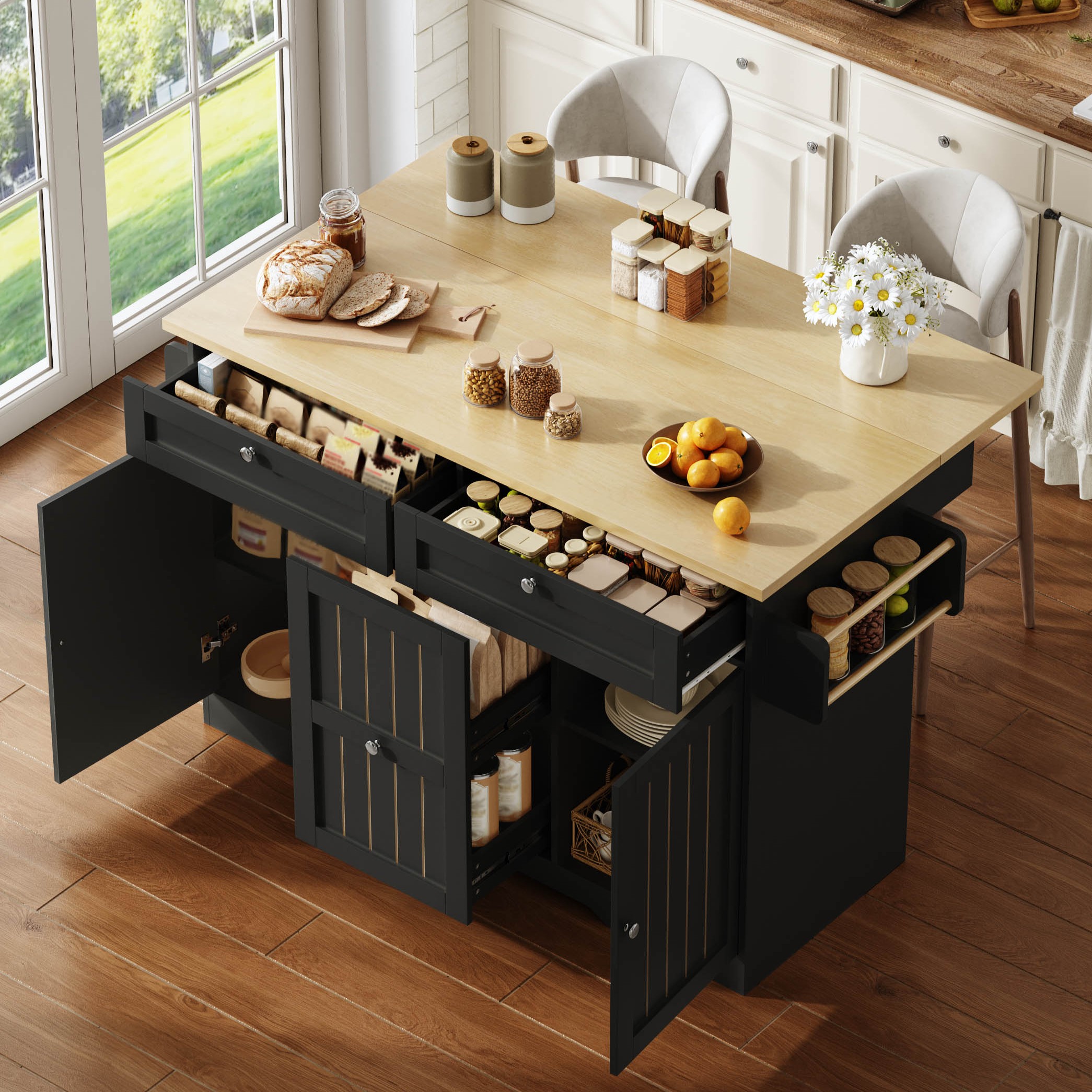 Îlot de cuisine avec plan rabattable, rangement complet, roulettes freinables, 2 tiroirs, Panneau composite de fibres de bois à densité noir, 120 cm