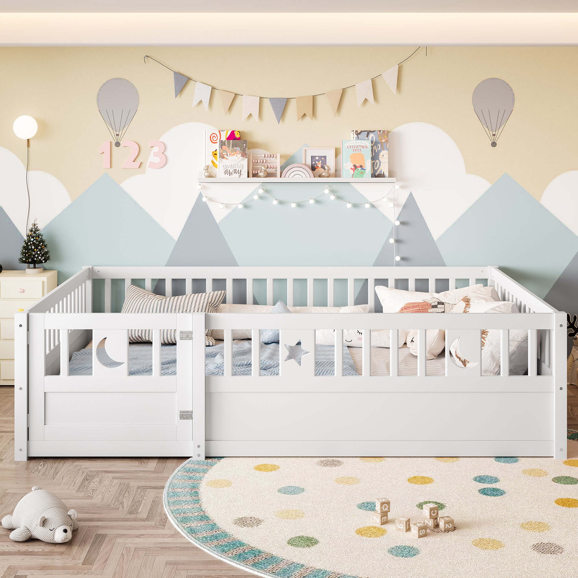 Lit enfant 140x190 avec barrière de sécurité, blanc, en pin, pour chambre d'enfant, sans matelas