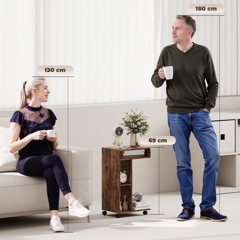 Table d'appoint avec roulettes et freins, 3 compartiments de rangement, design multifonctionnel pour canapé et lit, 40x30x69 cm