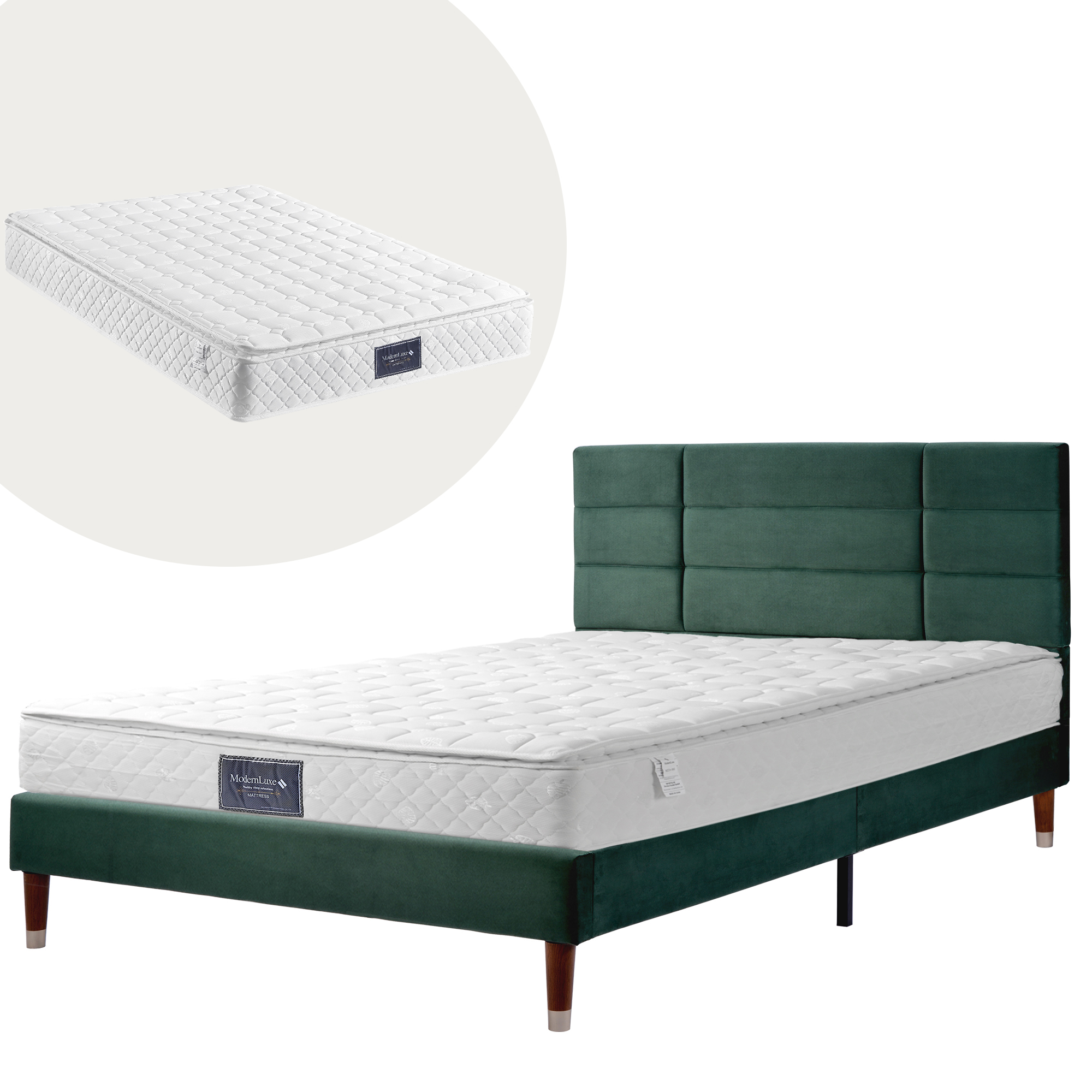 lit double avec sommier et matelas 140x200 en velours vert foncé avec tête de lit rembourrée et sommier à lattes