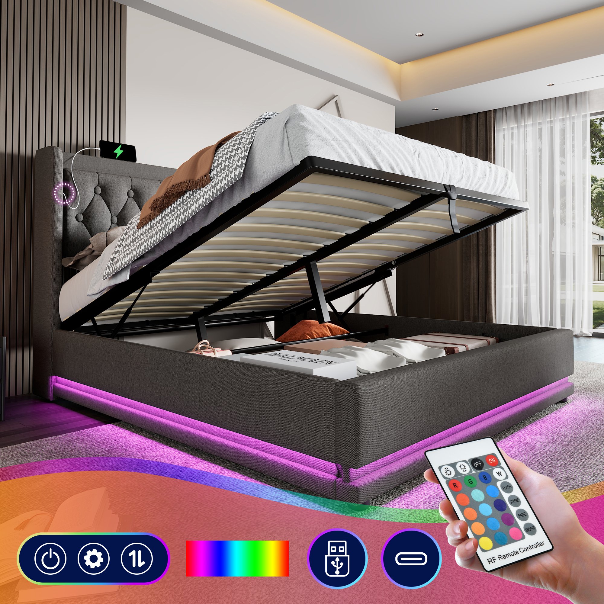 lit coffre 160x200 gris avec rangement hydraulique, LED 3 côtés et USB Type-C, tête de lit rembourrée capitonnée