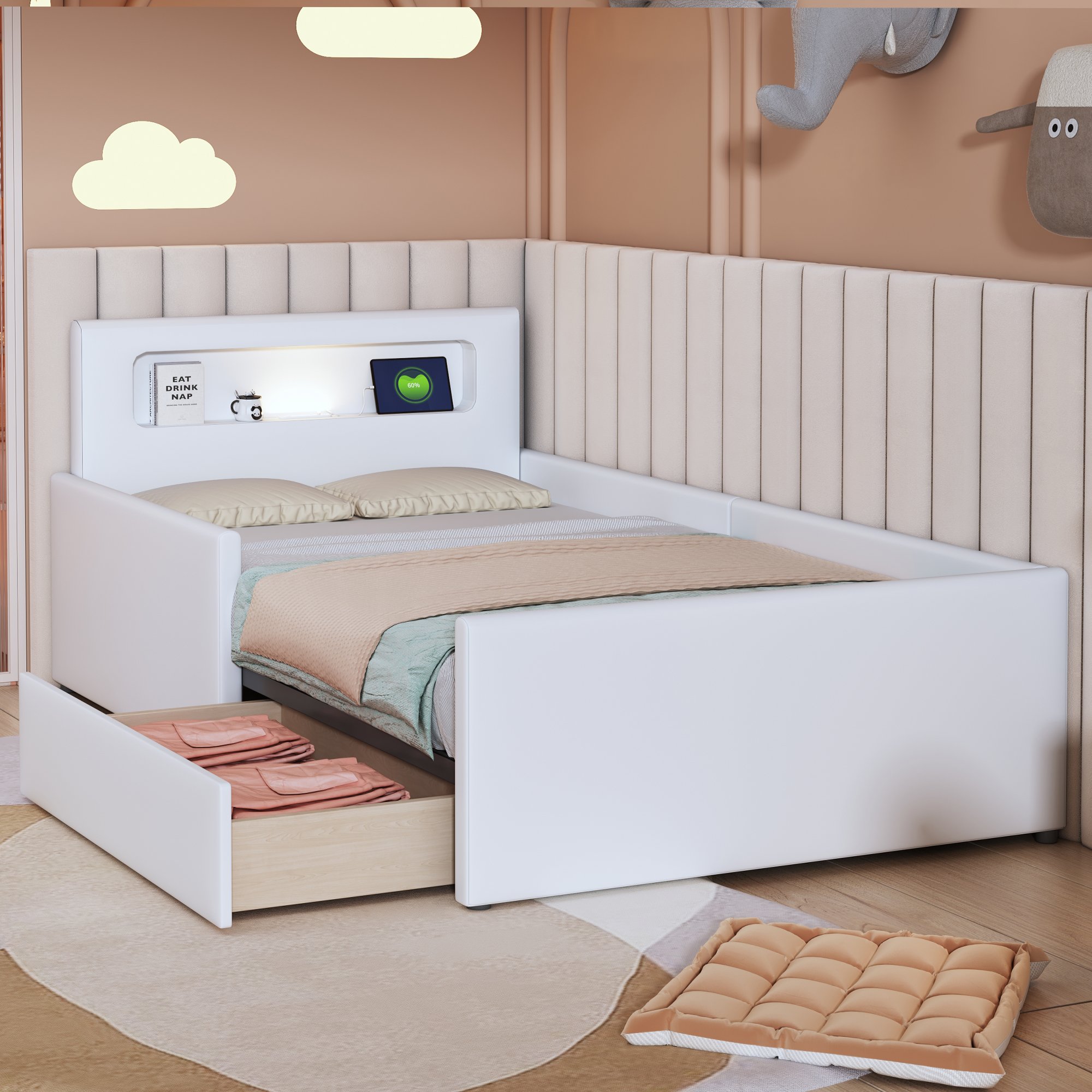 Lit enfant avec rangement 90x200, rembourré, blanc, avec LED et USB, sécurité renforcée