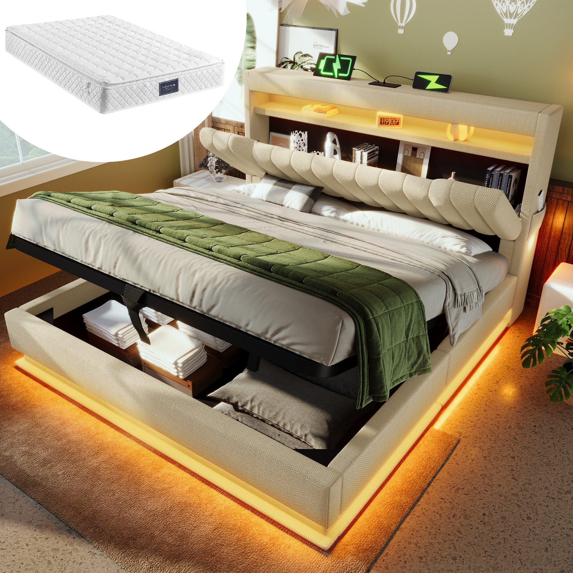 lit coffre 140x200 avec matelas, rangement hydraulique, LED connectée et ports USB, cadre de lit beige rembourré