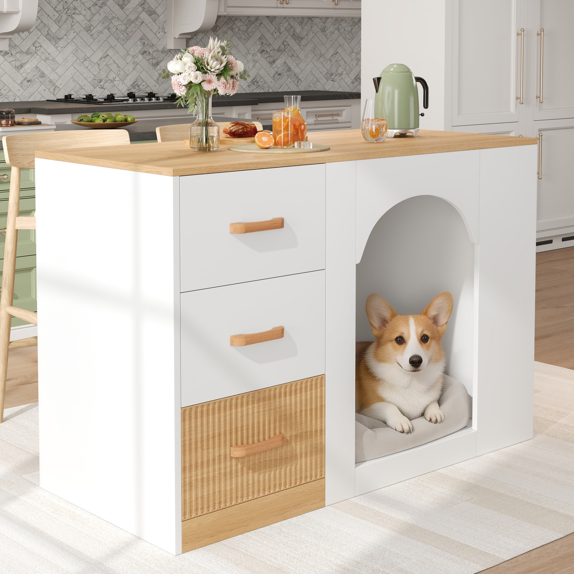 Îlot de cuisine avec rangement, 3 tiroirs, étagères latérales, espace, blanc et bois, 120x60x90 cm
