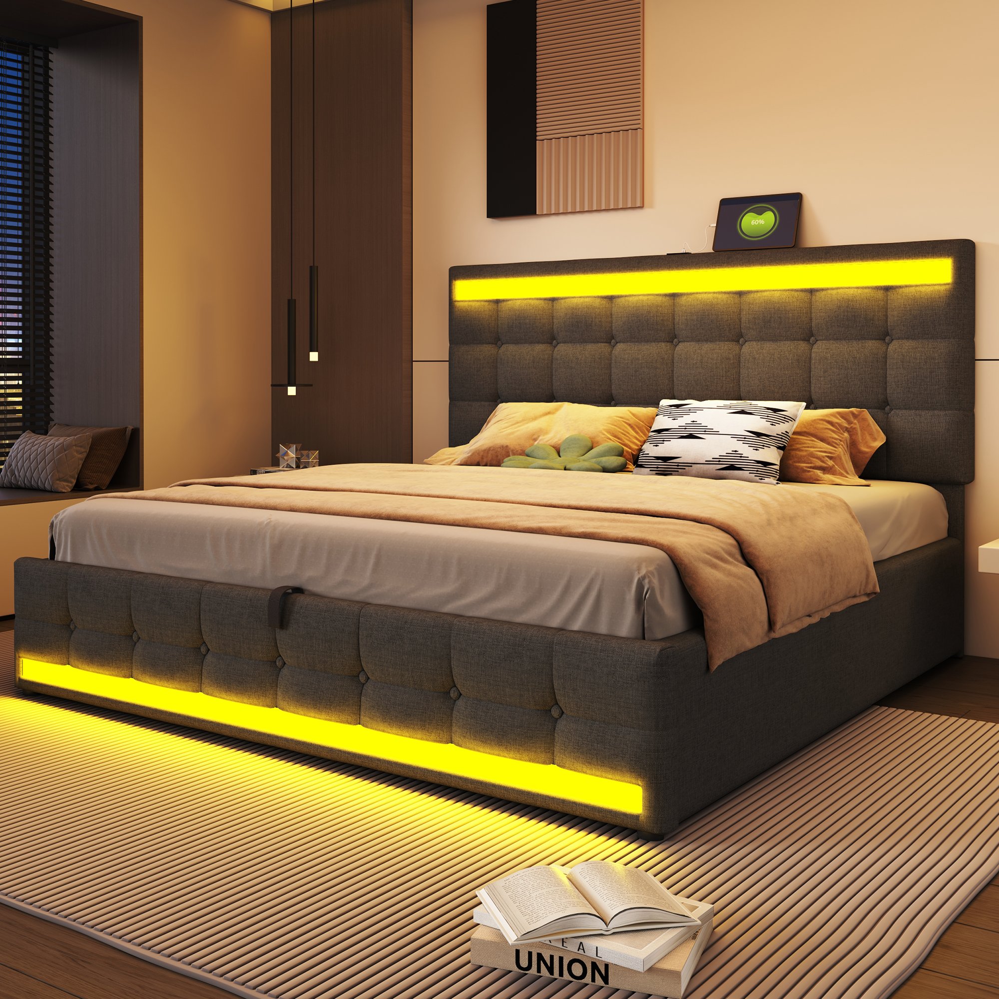 Lit coffre 180x200 en tissu lin gris, structure en bois et Panneau composite de fibres de bois à densité, avec LED et rangement