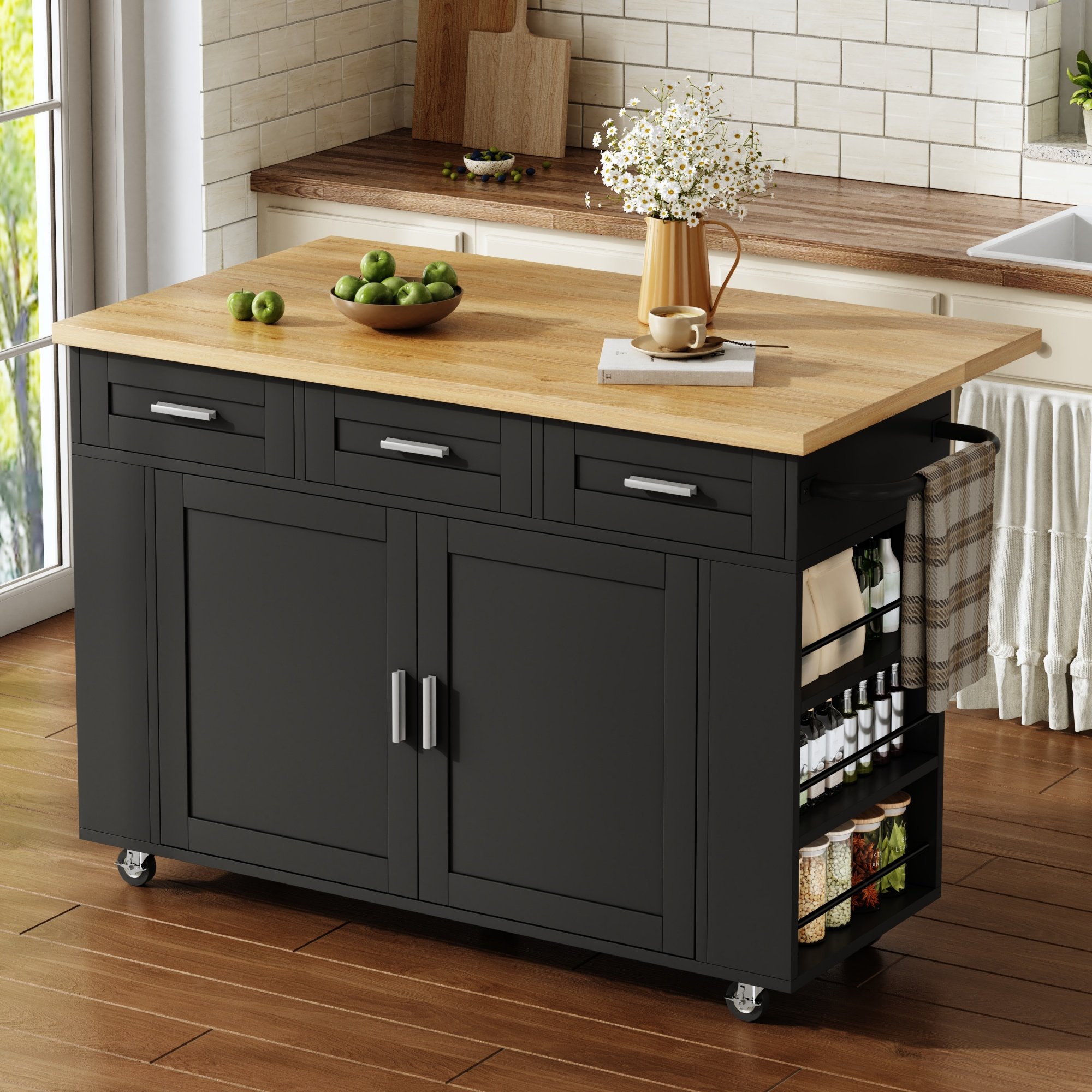 Îlot de cuisine 120 cm avec plan rabattable, rangements, tiroirs, prises et roulettes, pour 2-4 personnes, Panneau composite de fibres de bois à densité naturel et noir